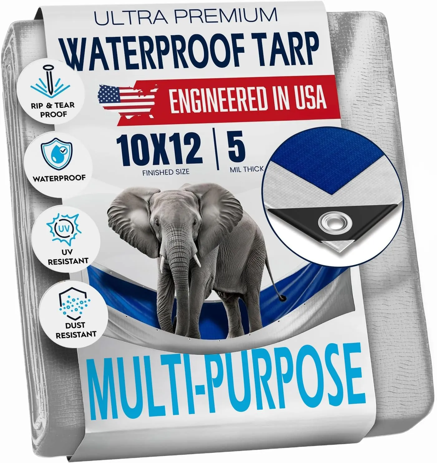 10x12 Tarp Waterproof Plastic Tarp - Grommets Every 18 Inches - 5 Mil - Multipurpose Water Proof Cover for Rain, Outdoor, Garden, Camping, Emergency Survival (Reversible Tarpaulin, Blue and Silver)