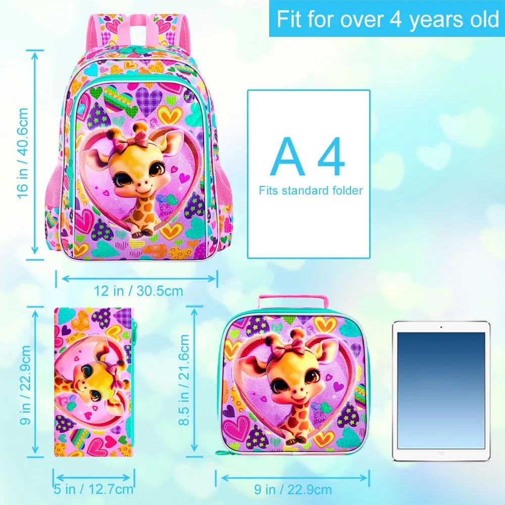 16" Girls Backpack, 3Pcs Kids Bookbag with Lunch Box, School Backpacks for Elementary Preschool Kindergarten