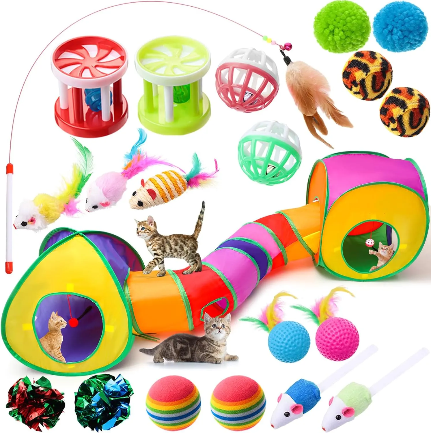 21 Pcs Cat Tunnels for Indoor Set, 3 In1 Collapsible Cat Tunnel Toy with Cube Tent Toys Combo and 20 Pcs Interactive Kitty Toys Feather Toy Fluffy Mouse Crinkle Balls for Kitten Puppy