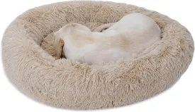 30-Inch Donut Dog Bed Ultra Soft Faux Fur Washable Cat Cushion with Anti-Slip Base, Beige