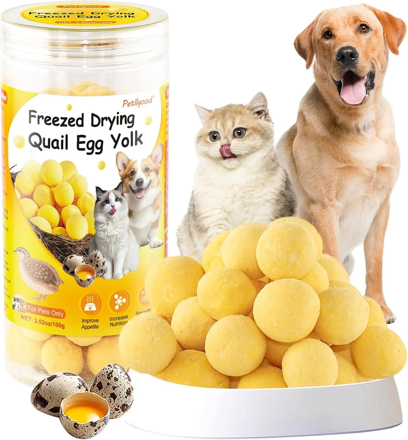 3.52oz/100g Freeze Dried Quail Egg Yolk, Cat and Dog Treats, Single Ingredient Pet Snacks, Healthy Tasty Dry Pet Food