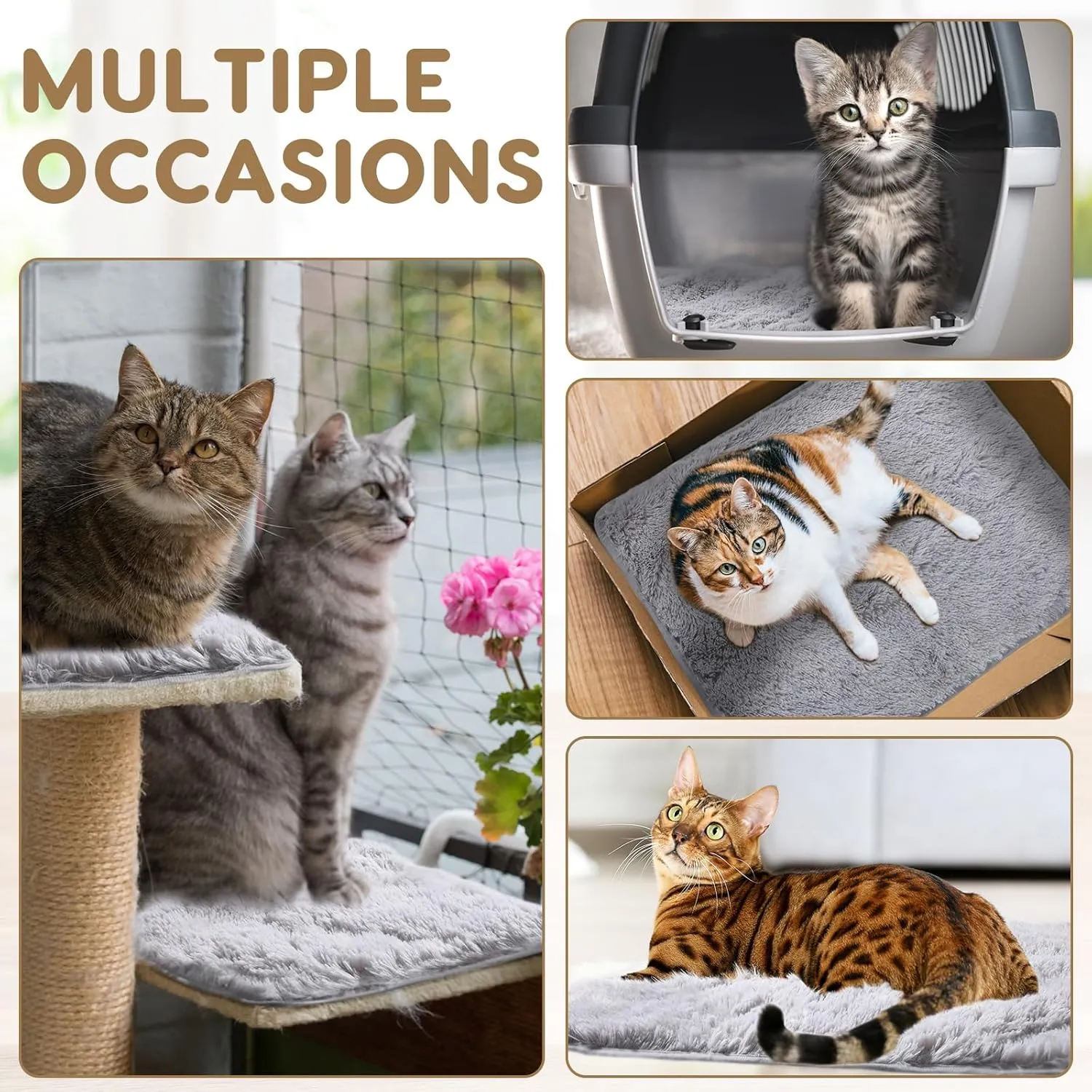 4 Pack Self Warming Cat Bed Pad Self Heating Dog Mat with Fluffy Faux Fur Plush Cat Calming Bed Thermal Mat Washable Pet Pad Anti Slip Bottom for Outdoor Indoor Pets(Grey,19" X 29")