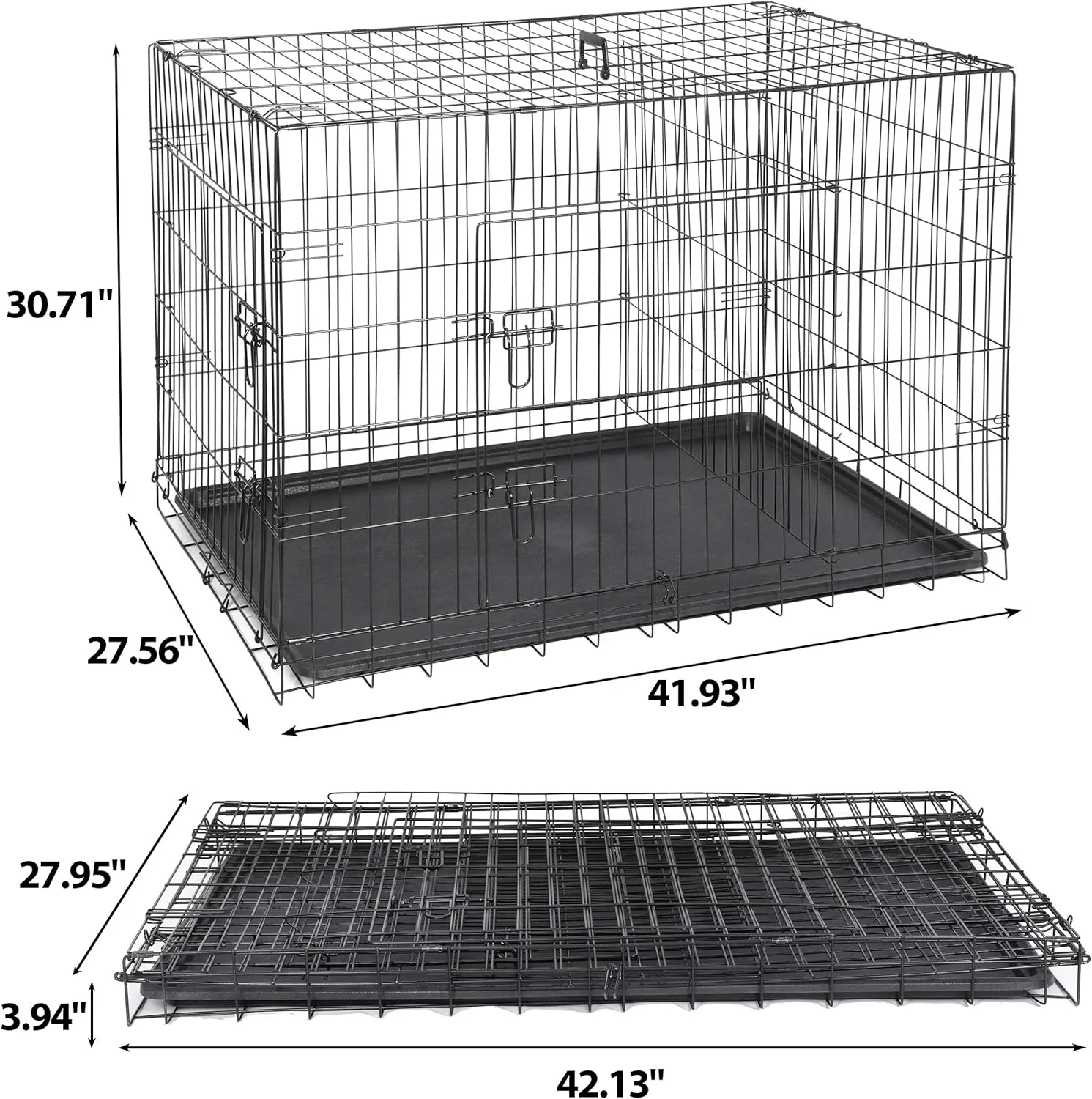 42-inch Double Door Folding Metal Pets Dog Crate Pet Animal Pet Cage with Removable Tray and Carrying Handle