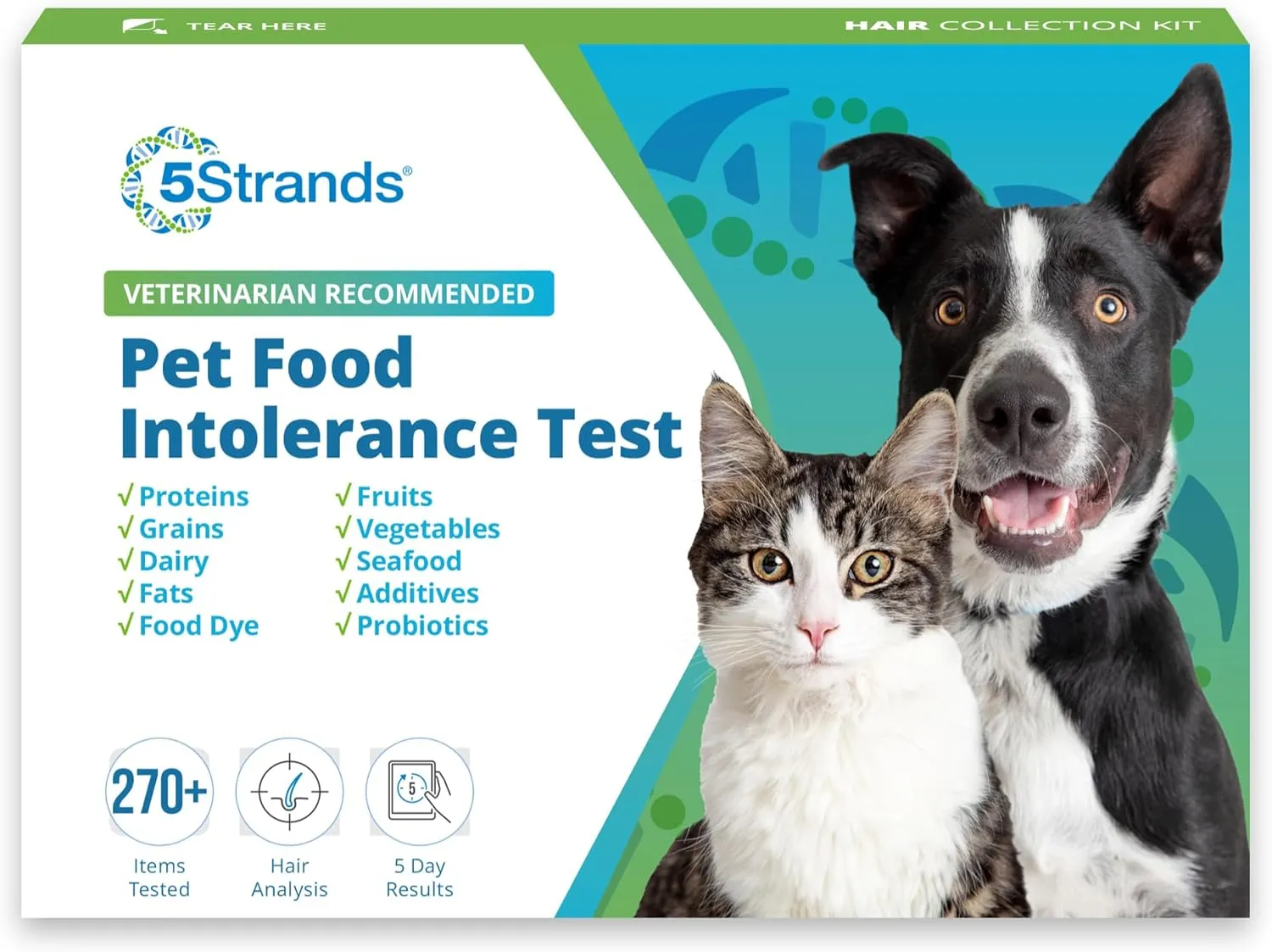 5Strands Pet Food Intolerance Test, at Home Sensitivity Test for Dogs & Cats, 270 Items, Hair Analysis, Accurate for All Ages & Breeds, Pet Gut Health, Fast 5 Day Results