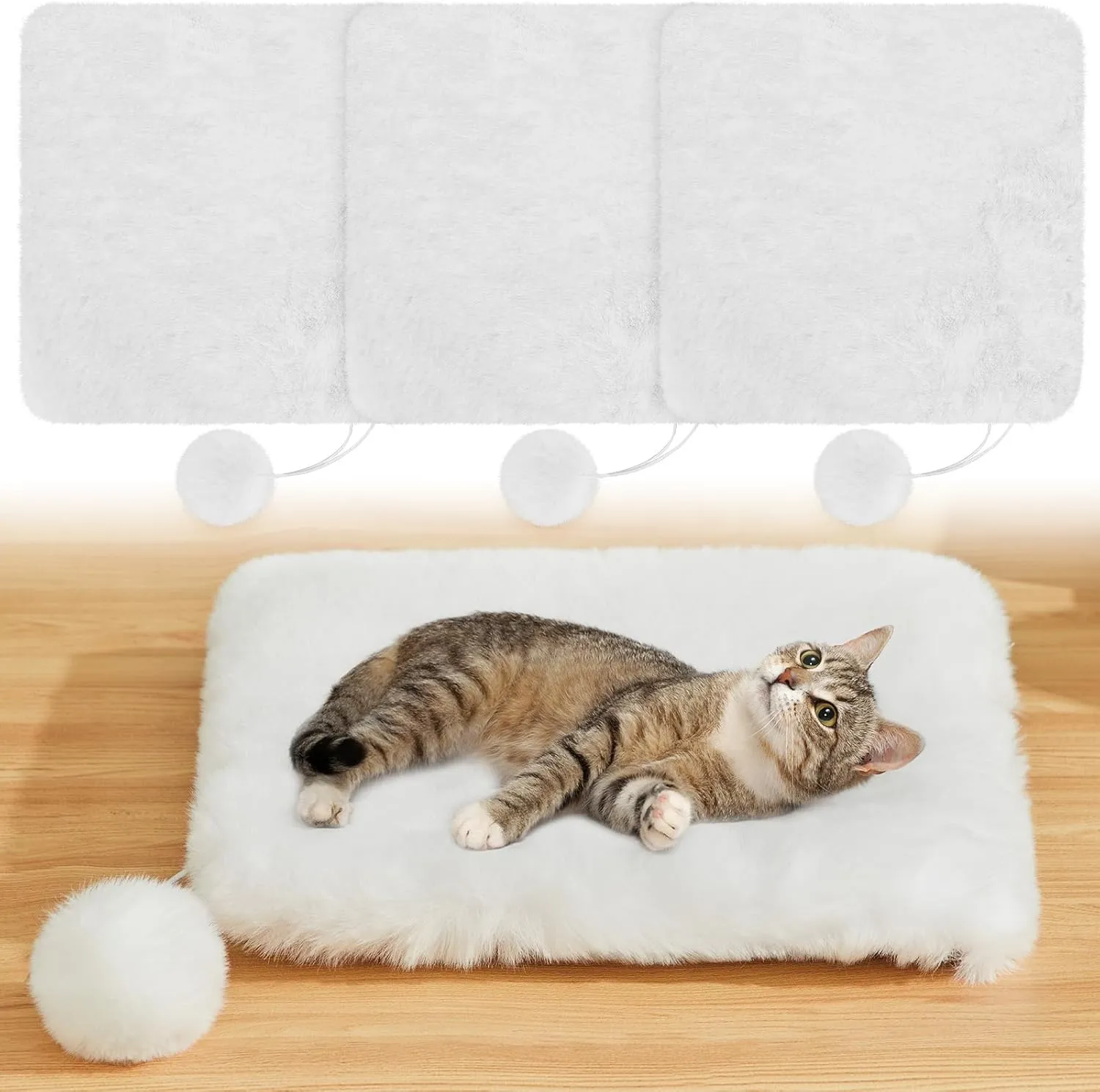 Abbylike 3 Pack 11.8" Square Cat Dog Bed Cushion Pad Mat Faux Rabbit Fur Pet Bed with Ball Anti Slip Soft Washable Cat Tree Tower Replacement Cushion Pad for Crate Cage Carrier Window Perch, White