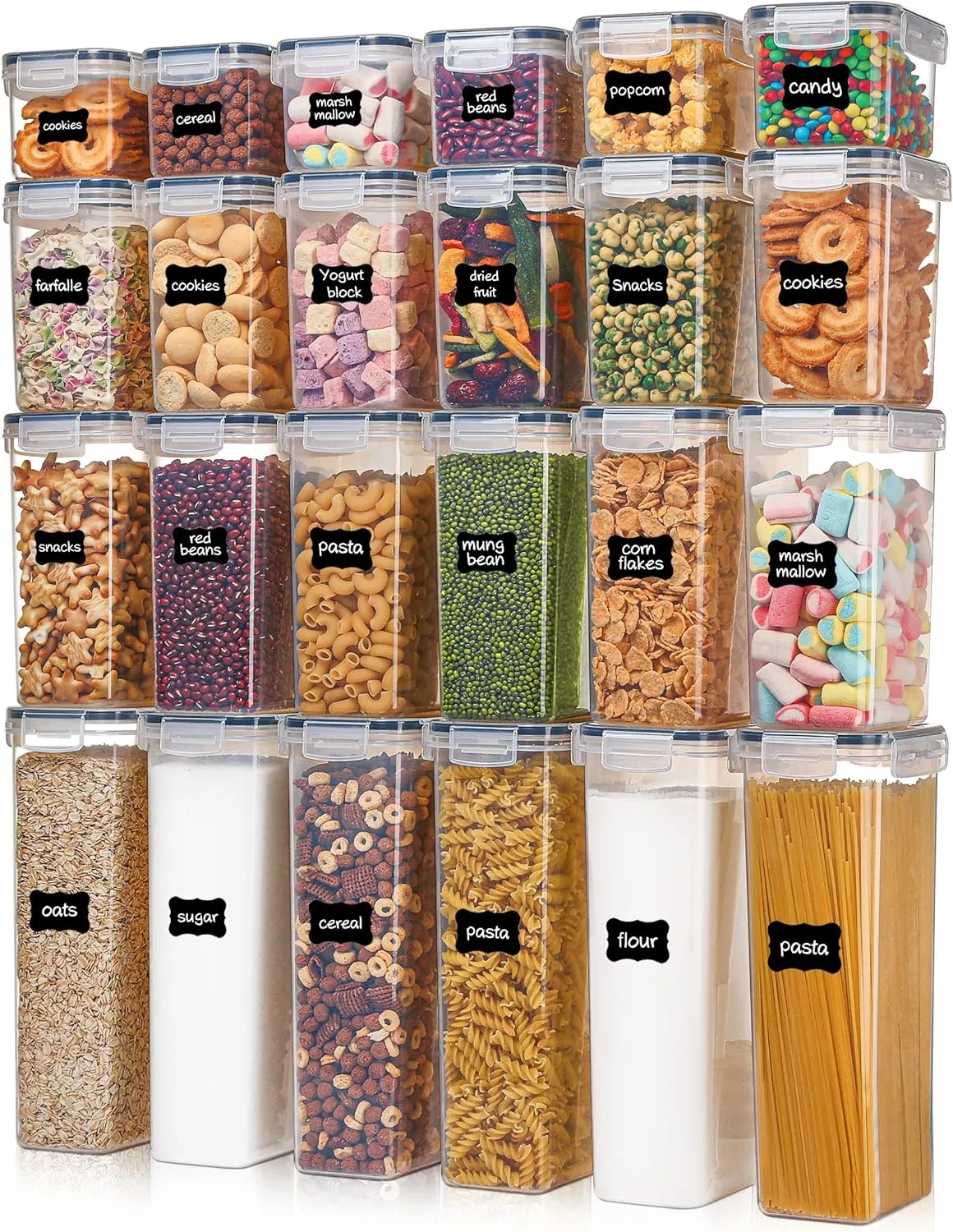 Airtight Food Storage Containers with Lids, Vtopmart 24 pcs Plastic Kitchen and Pantry Organization Canisters for Cereal, Dry Food, Flour and Sugar, BPA Free, Includes 24 LabelsBlack