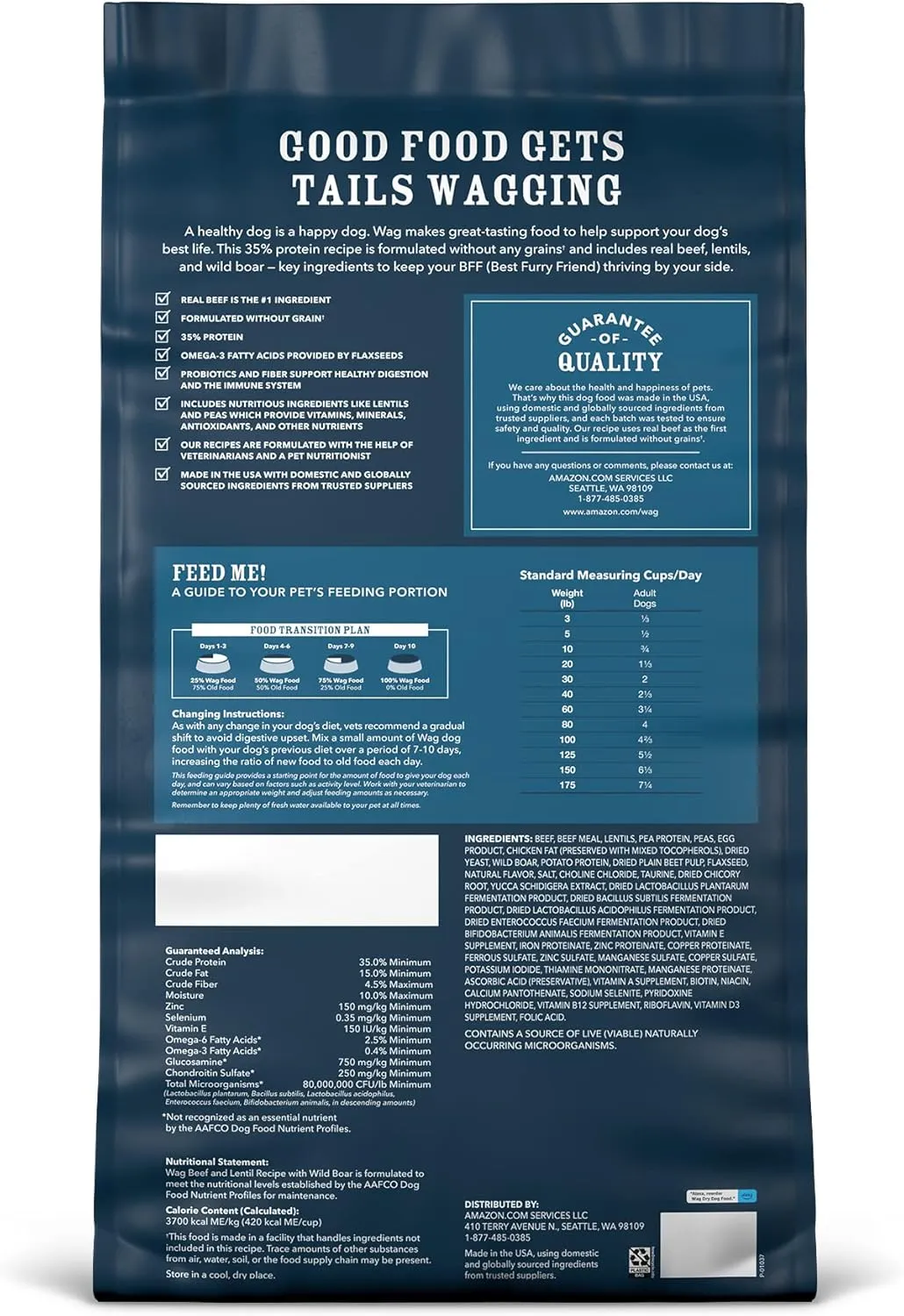 Amazon Brand - Wag Dry Dog Food Grain-Free Beef & Lentil Recipe, High Protein (24 lb bag)