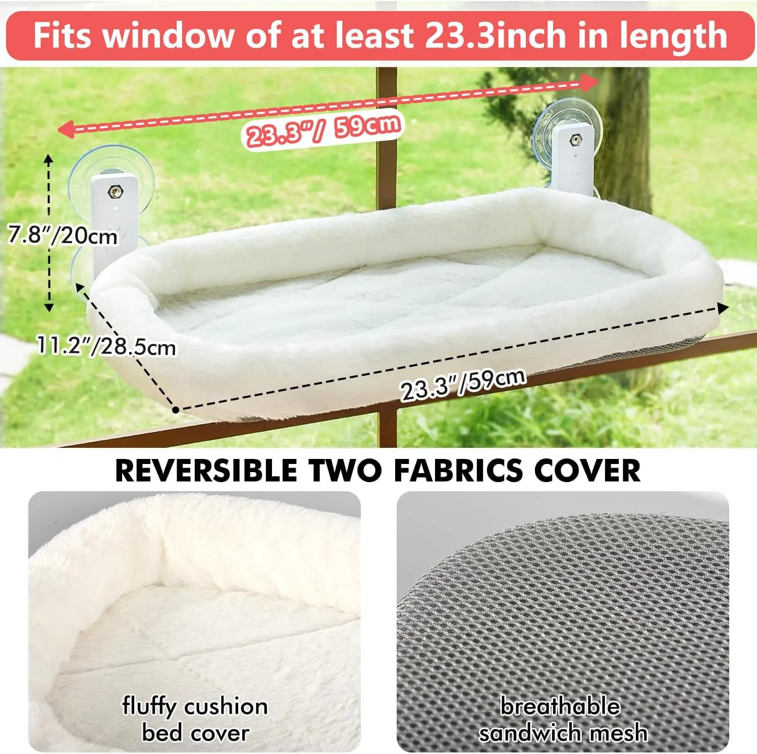 AMOSIJOY Cordless Cat Window Perch, Window Hammock for Cats with 4 Strong Suction Cups, Solid Metal Frame and Soft Cover, Indoor Cat Bed