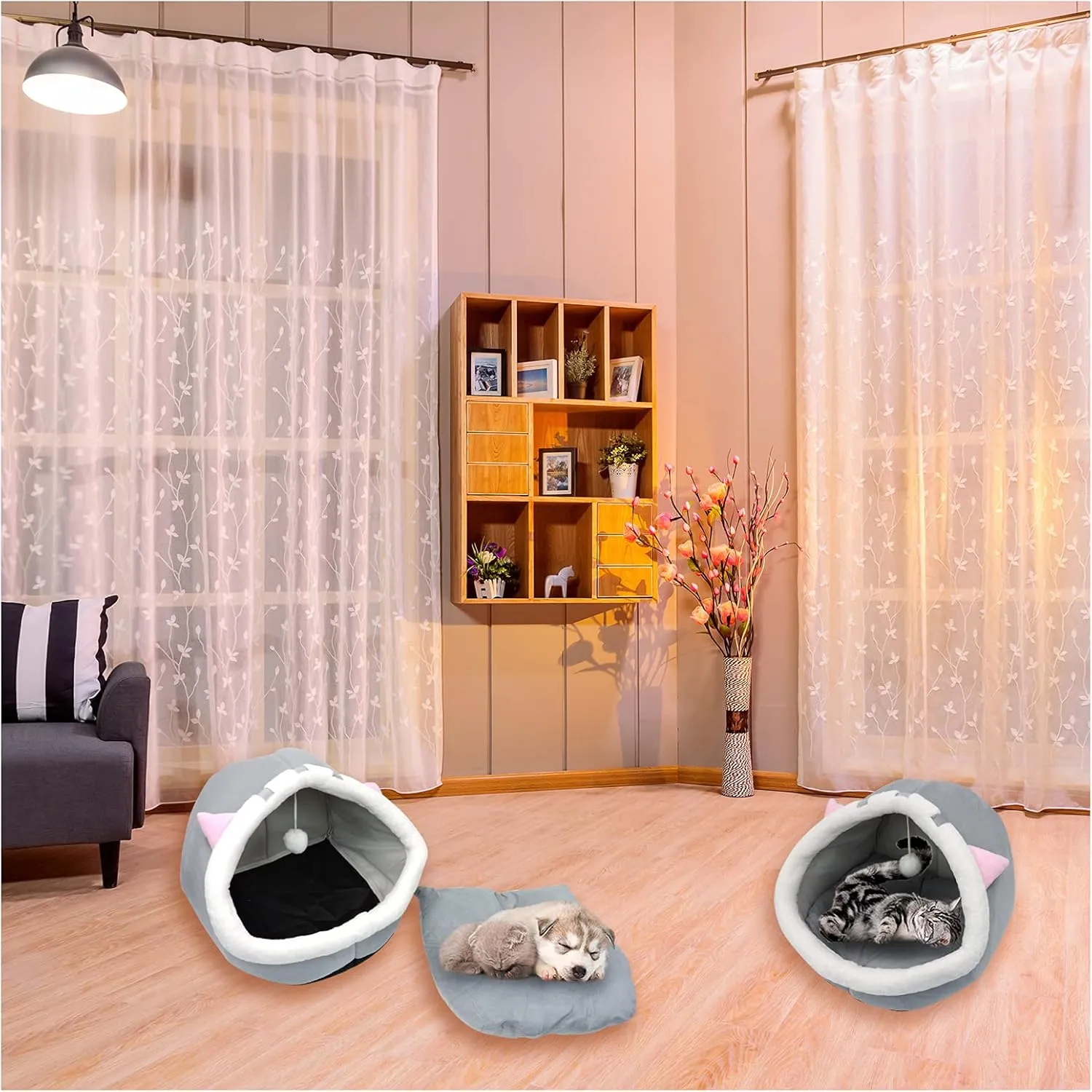 Andiker Cat Beds for Indoor Cats, Semi-Enclosed Cat Cave Bed with a Plush Ball Large Space for Cats to Sleep Soft and Comfortable Covered Cat Bed with a Washable and Detachable Mat (L, Grey)