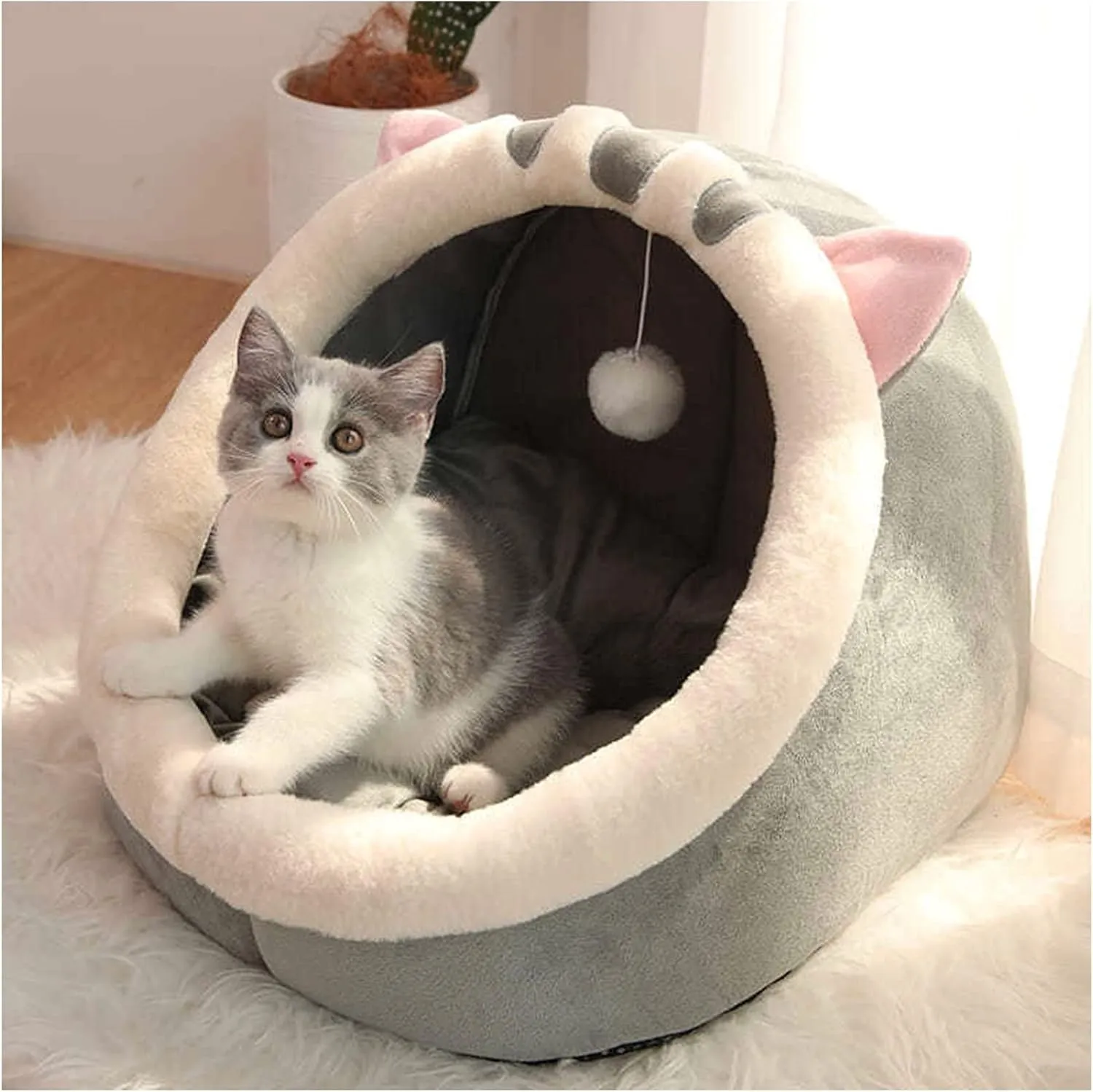 Andiker Cat Beds for Indoor Cats, Semi-Enclosed Cat Cave Bed with a Plush Ball Large Space for Cats to Sleep Soft and Comfortable Covered Cat Bed with a Washable and Detachable Mat (L, Grey)