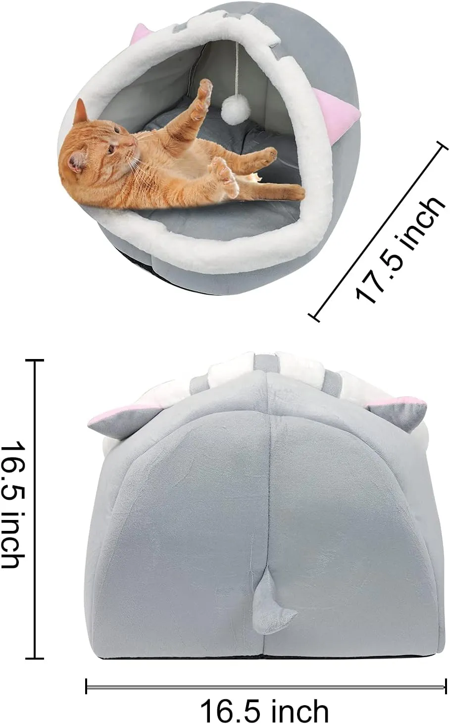 Andiker Cat Beds for Indoor Cats, Semi-Enclosed Cat Cave Bed with a Plush Ball Large Space for Cats to Sleep Soft and Comfortable Covered Cat Bed with a Washable and Detachable Mat (L, Grey)