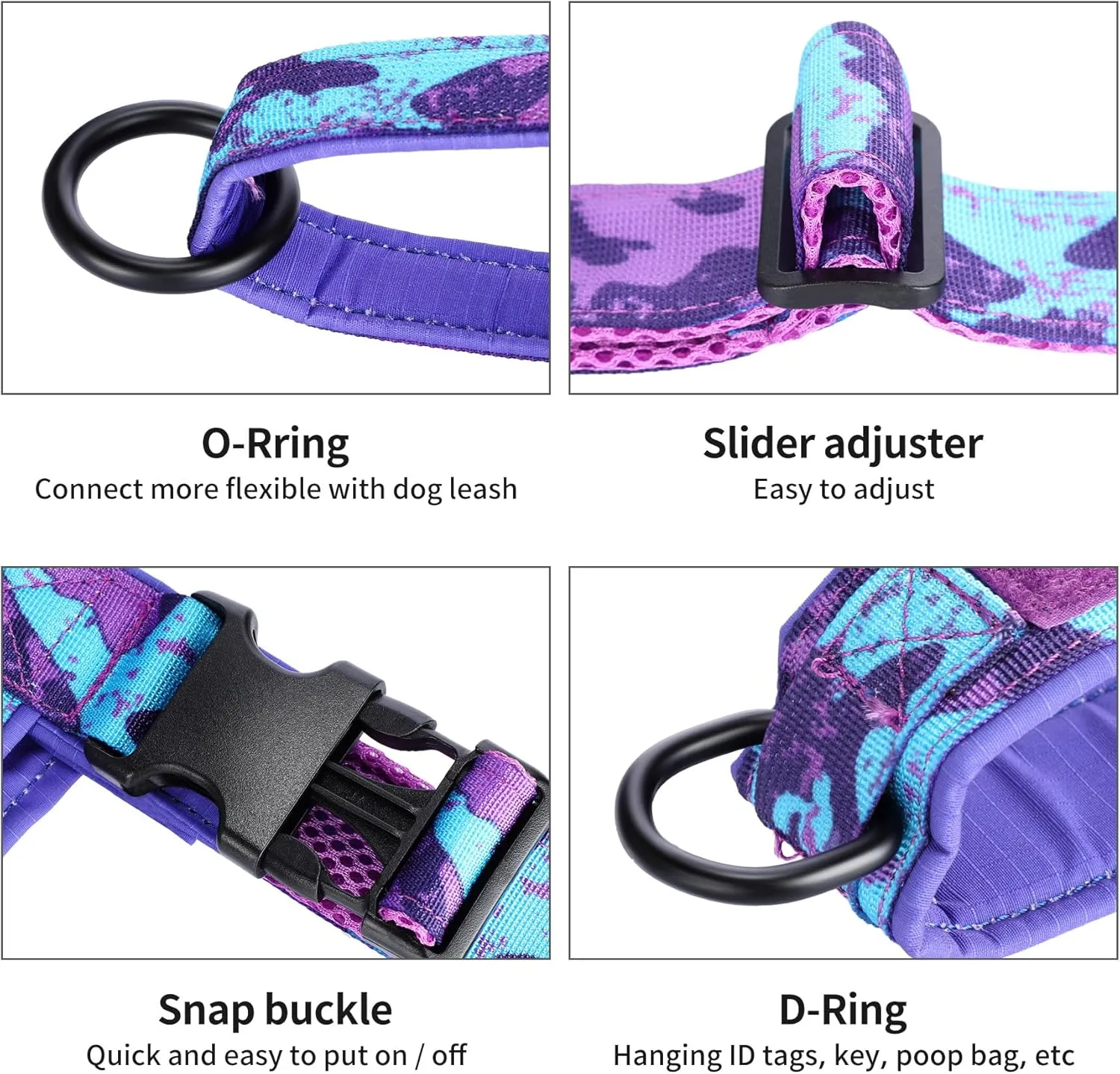 Annchwool No Pull Dog Harness with Padded Handle 5 Ft Leash,Escape Proof and Quick Fit to Adjust Dog Harness,Easy for Training Walking for Small & Medium and Large Dogs(Camo Purple Set,M)