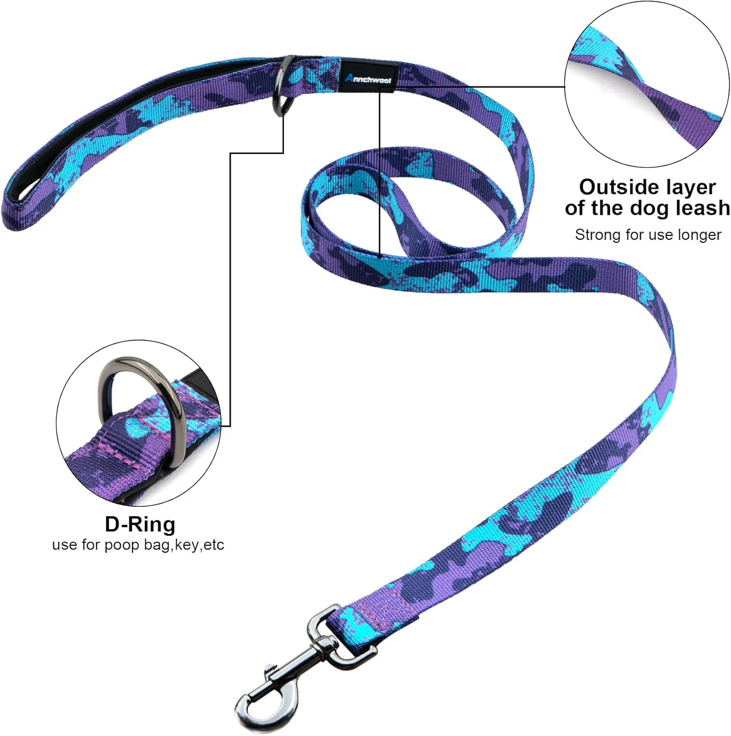 Annchwool No Pull Dog Harness with Padded Handle 5 Ft Leash,Escape Proof and Quick Fit to Adjust Dog Harness,Easy for Training Walking for Small & Medium and Large Dogs(Camo Purple Set,M)