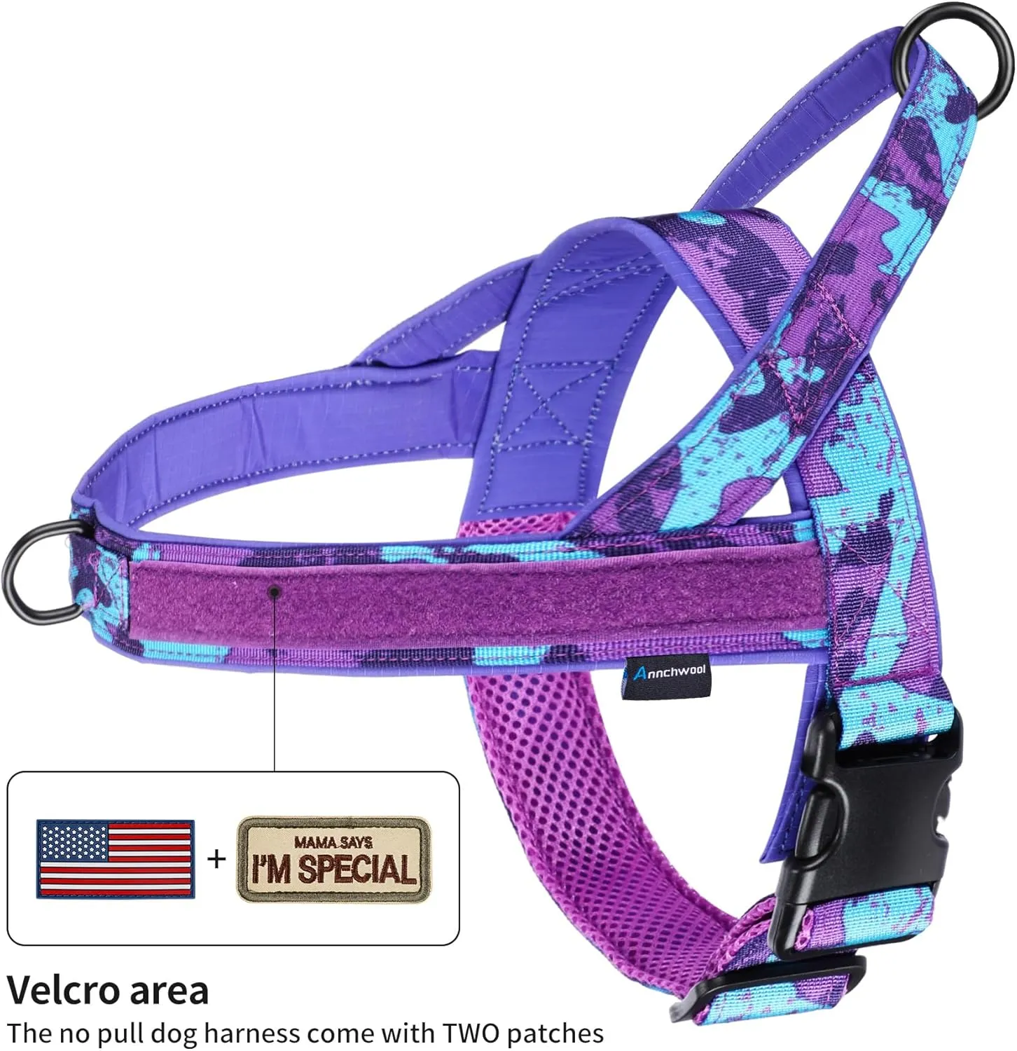 Annchwool No Pull Dog Harness with Padded Handle 5 Ft Leash,Escape Proof and Quick Fit to Adjust Dog Harness,Easy for Training Walking for Small & Medium and Large Dogs(Camo Purple Set,M)