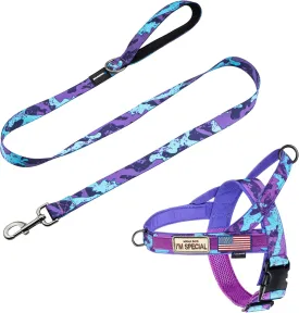 Annchwool No Pull Dog Harness with Padded Handle 5 Ft Leash,Escape Proof and Quick Fit to Adjust Dog Harness,Easy for Training Walking for Small & Medium and Large Dogs(Camo Purple Set,M)