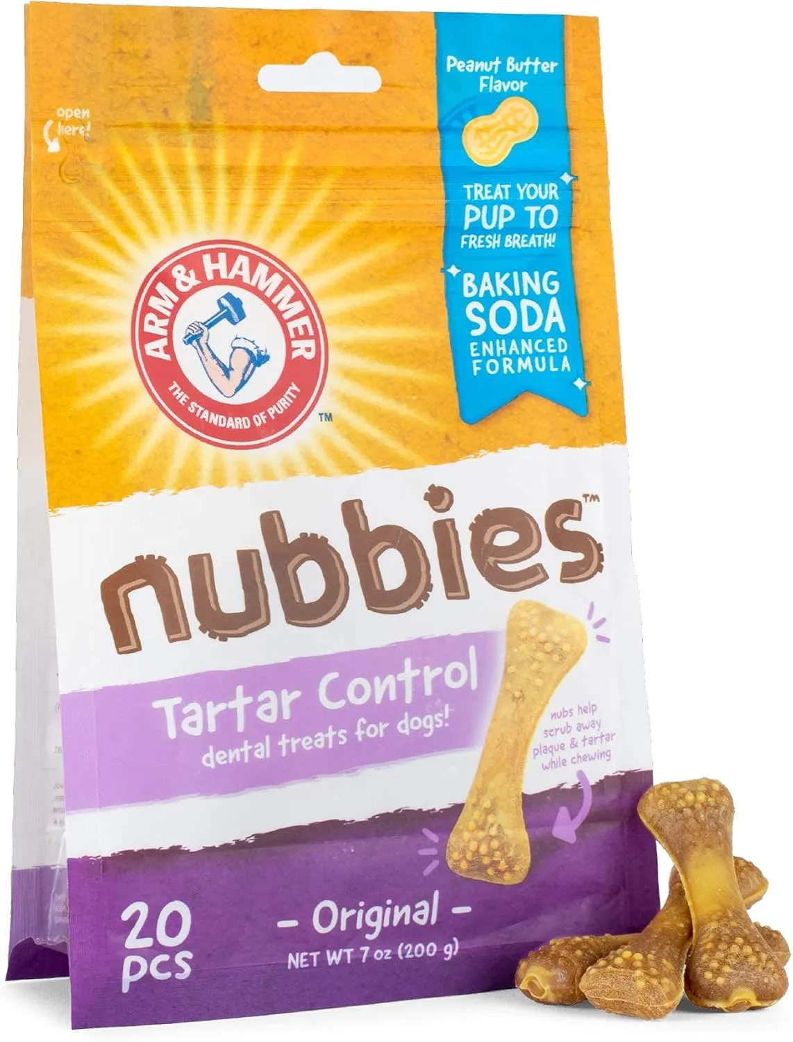Arm & Hammer for Pets Nubbies Dental Treats for Dogs | Dental Chews Fight Bad Breath, Plaque & Tartar Without Brushing | Peanut Butter Flavor, 20 Count