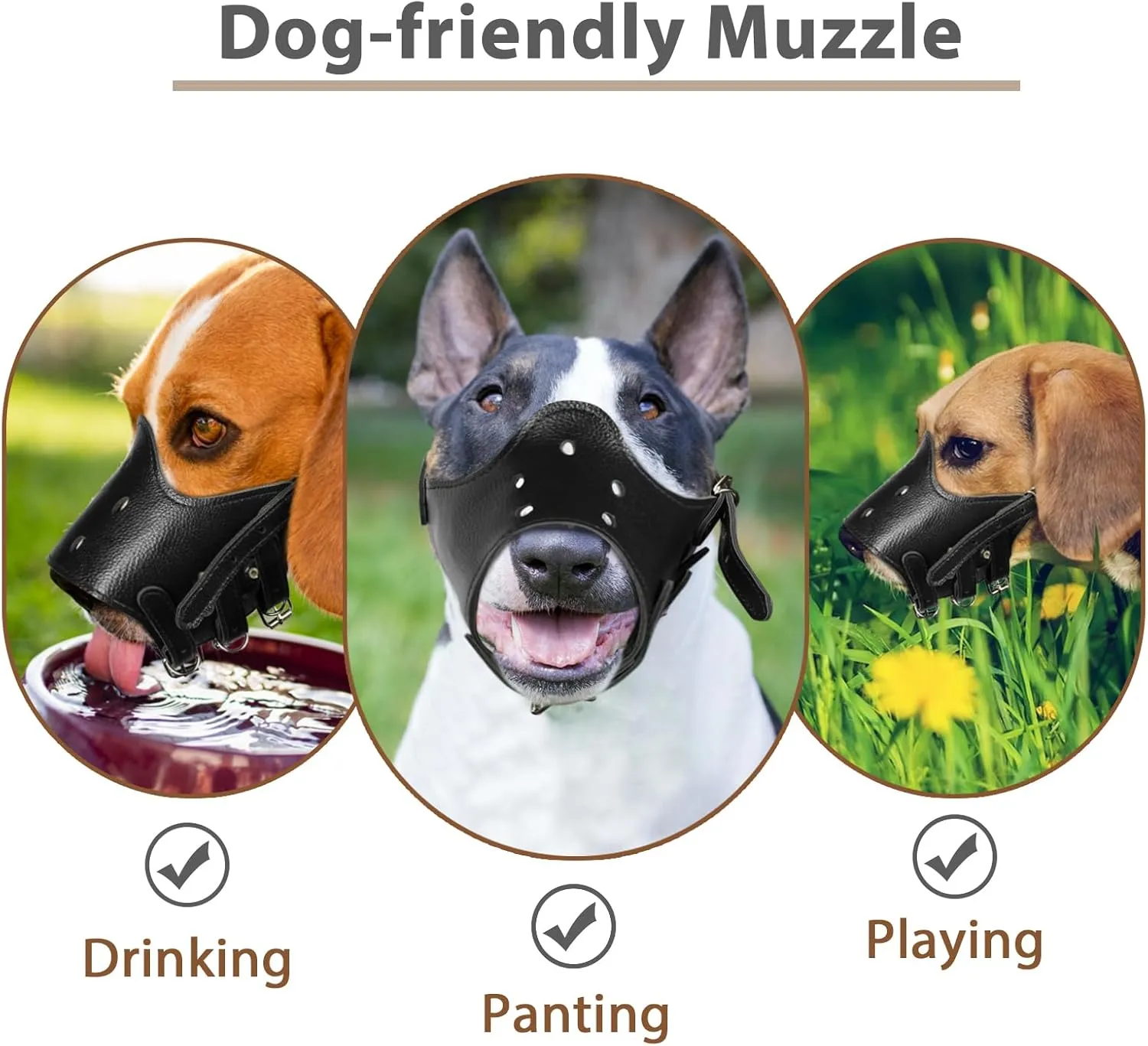 BARKLESS Dog Muzzle Leather, Soft Secure Anti-Barking Leather Muzzle for Large Sized Dogs to Prevent Biting, Breathable and Adjustable, Allows Drinking and Panting, Used with Collars