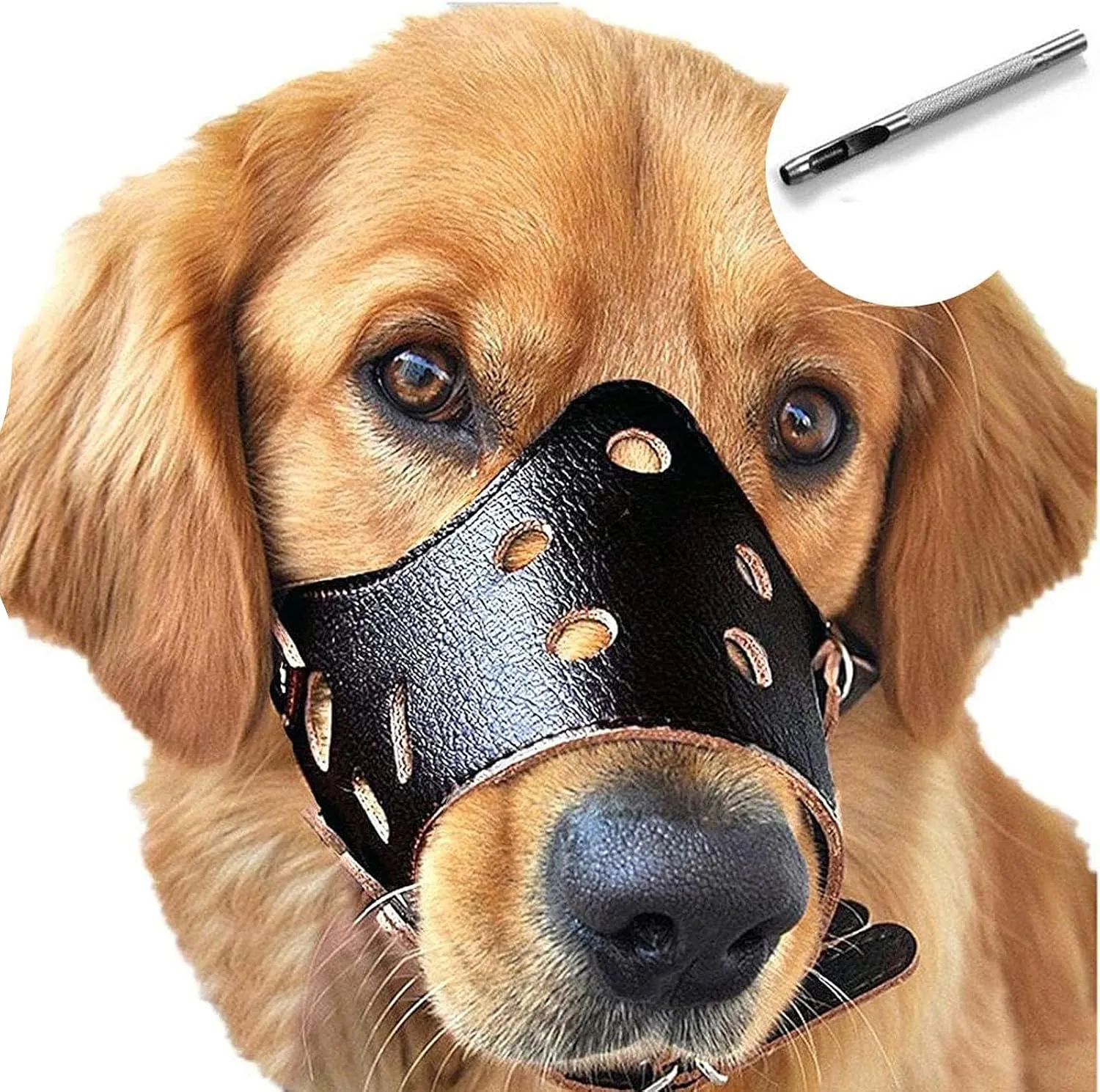 BARKLESS Dog Muzzle Leather, Soft Secure Anti-Barking Leather Muzzle for Large Sized Dogs to Prevent Biting, Breathable and Adjustable, Allows Drinking and Panting, Used with Collars