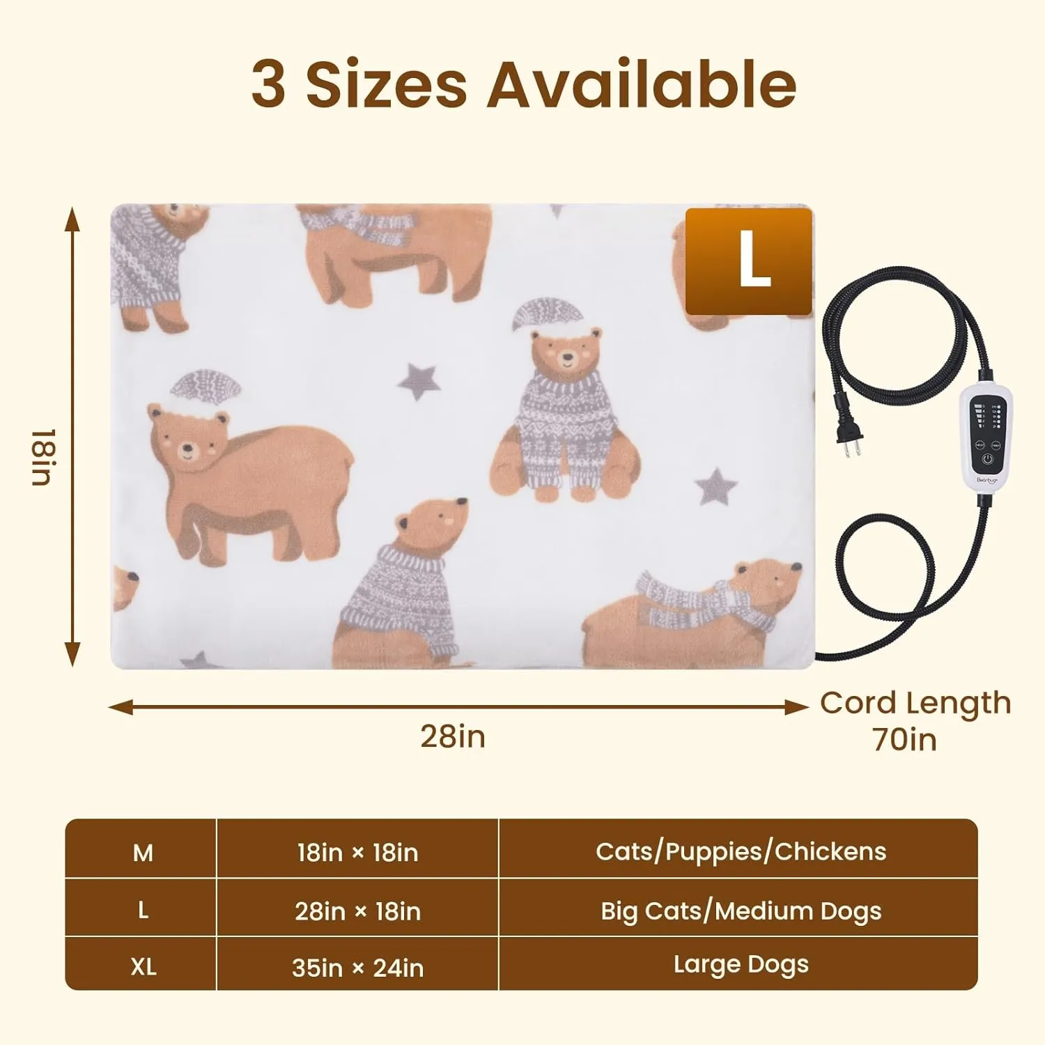 Bearhug Heated Cat Bed, Dog Heating Pad 28"18"[Two Replaceable Cover] Adjustable Temperature Pet Heating Pad with Steel-Wrapped Cord, Waterproof and Chew-Resistant for Cats Puppies Medium Animals