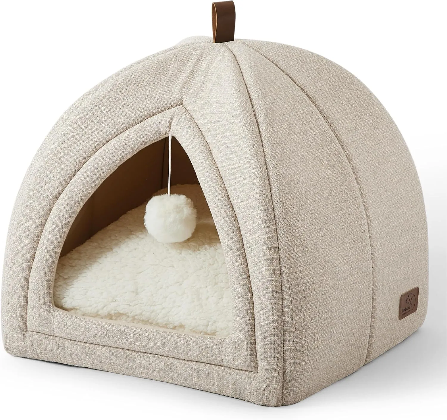 Bedsure Cat Beds for Indoor - 2 in 1 Cat Cave House Tent for Kittens and Small Pets with Removable Washable Cushioned Pillow, Foldable Kitten Hideaway with Non-Slip Bottom, Beige, 16 inches