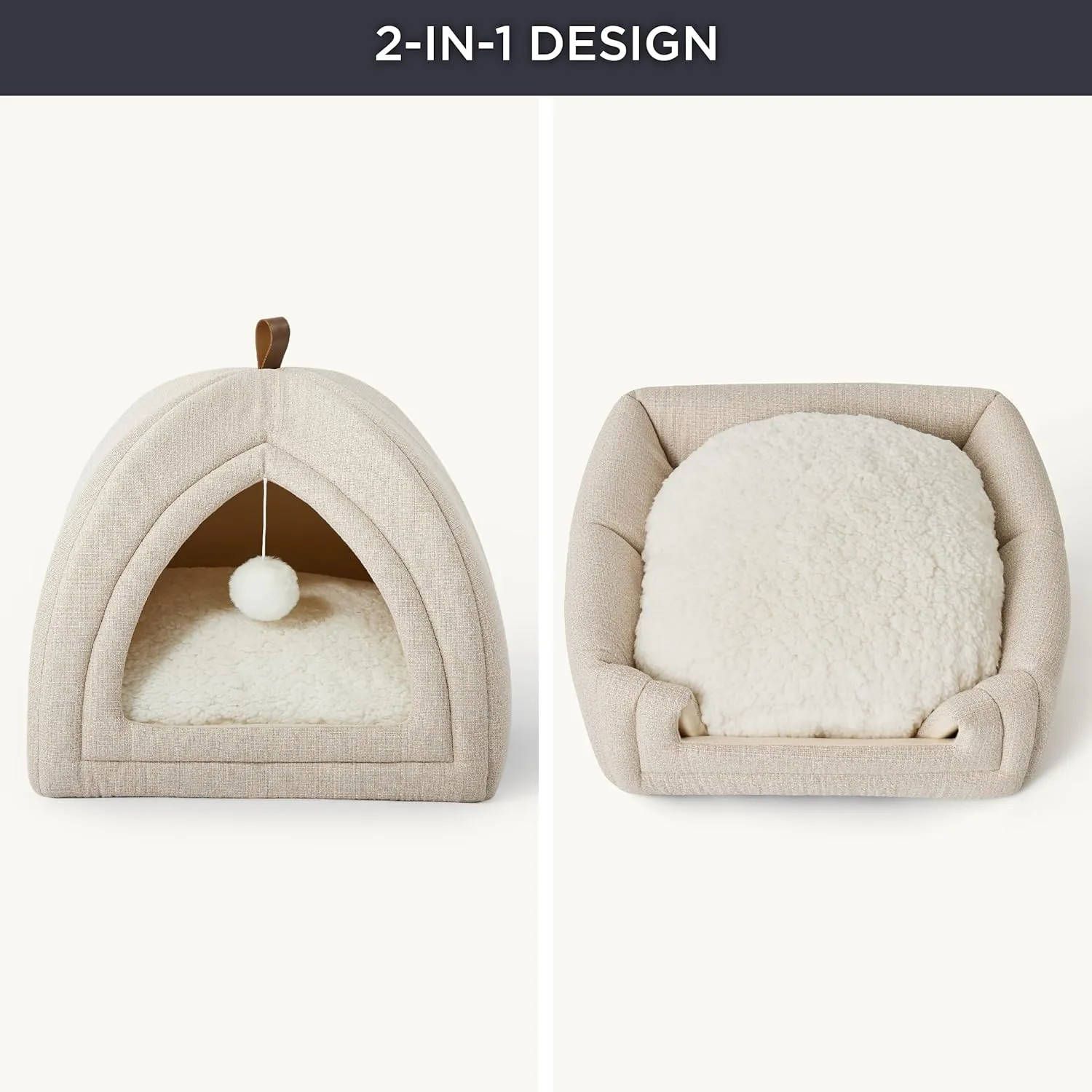 Bedsure Cat Beds for Indoor - 2 in 1 Cat Cave House Tent for Kittens and Small Pets with Removable Washable Cushioned Pillow, Foldable Kitten Hideaway with Non-Slip Bottom, Beige, 16 inches