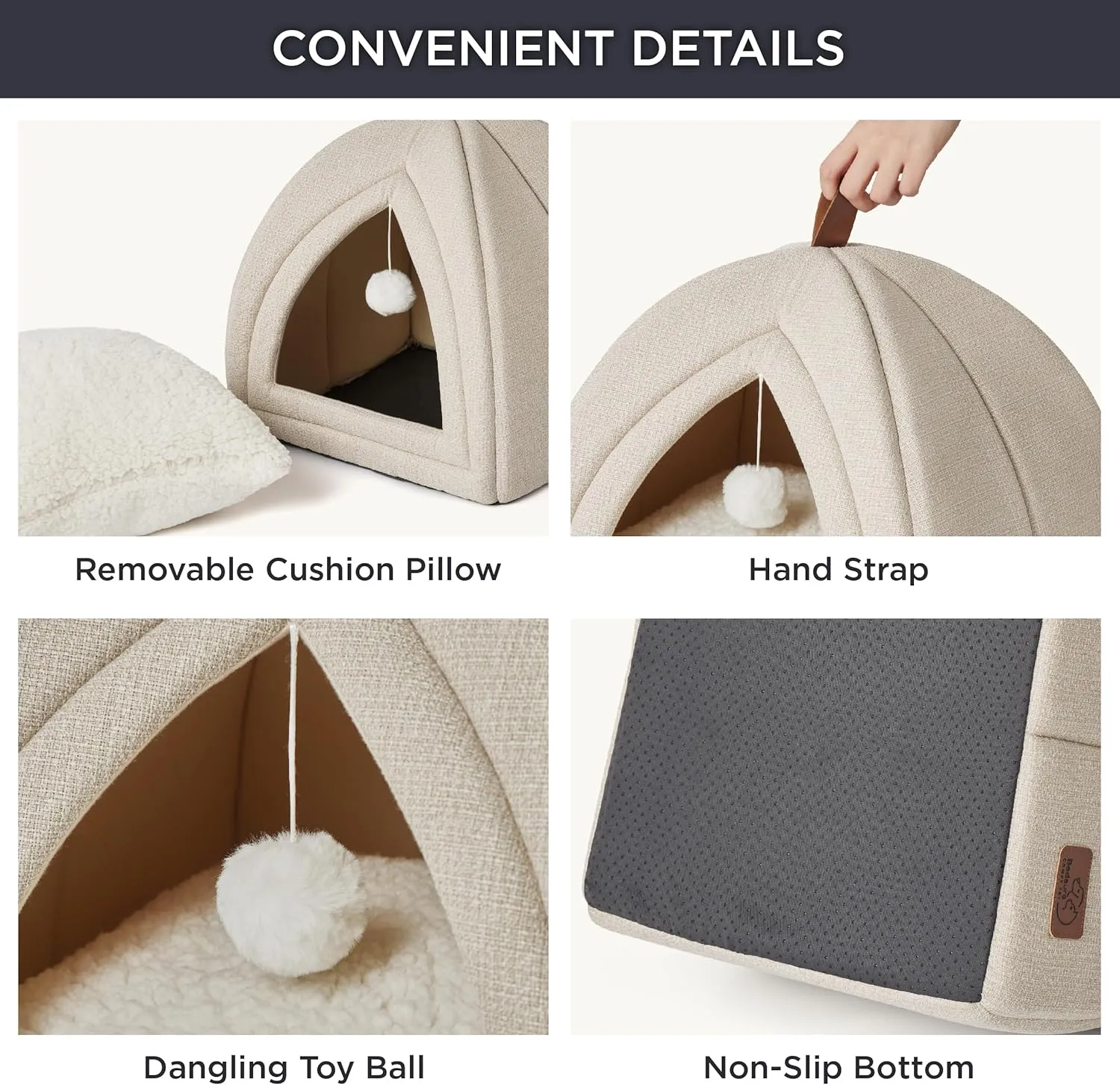 Bedsure Cat Beds for Indoor - 2 in 1 Cat Cave House Tent for Kittens and Small Pets with Removable Washable Cushioned Pillow, Foldable Kitten Hideaway with Non-Slip Bottom, Beige, 16 inches