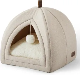 Bedsure Cat Beds for Indoor - 2 in 1 Cat Cave House Tent for Kittens and Small Pets with Removable Washable Cushioned Pillow, Foldable Kitten Hideaway with Non-Slip Bottom, Beige, 16 inches