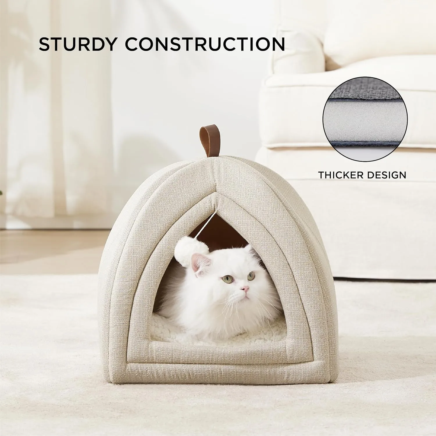 Bedsure Cat Beds for Indoor - 2 in 1 Cat Cave House Tent for Kittens and Small Pets with Removable Washable Cushioned Pillow, Foldable Kitten Hideaway with Non-Slip Bottom, Beige, 16 inches