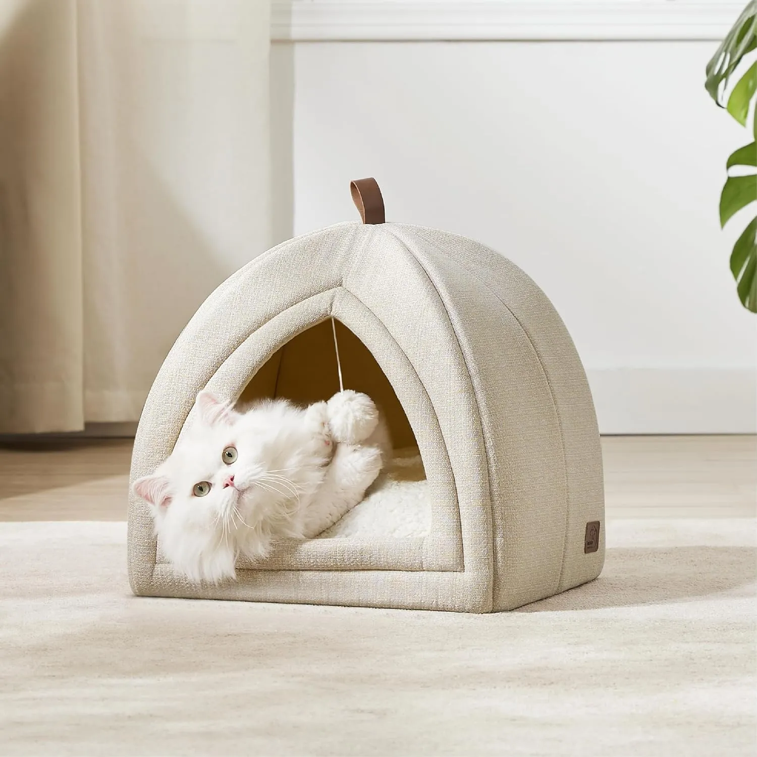 Bedsure Cat Beds for Indoor - 2 in 1 Cat Cave House Tent for Kittens and Small Pets with Removable Washable Cushioned Pillow, Foldable Kitten Hideaway with Non-Slip Bottom, Beige, 16 inches
