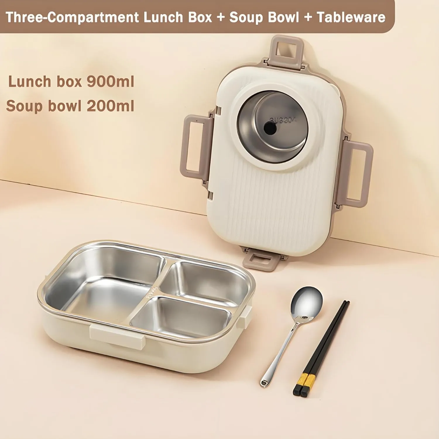 Bento Lunch Box, 304 Stainless Steel Portable Leakproof Lunch Food Containers Set with 3 Compartment for Adults - with Chopsticks Spoon Soup Bowl Gift for Friends, Family (Beige)