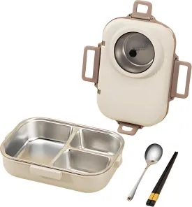 Bento Lunch Box, 304 Stainless Steel Portable Leakproof Lunch Food Containers Set with 3 Compartment for Adults - with Chopsticks Spoon Soup Bowl Gift for Friends, Family (Beige)