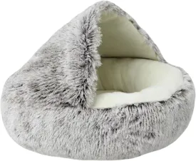 Calming Cat Cave Bed with Hooded Cover, Short-Haired Plush Washable Bed with Non-Slip Bottom, Comfortable and Cozy Round Bed for Small and Medium Cats, Anti-Anxiety Pet Bed(40cm/15.7inches, Coffee)