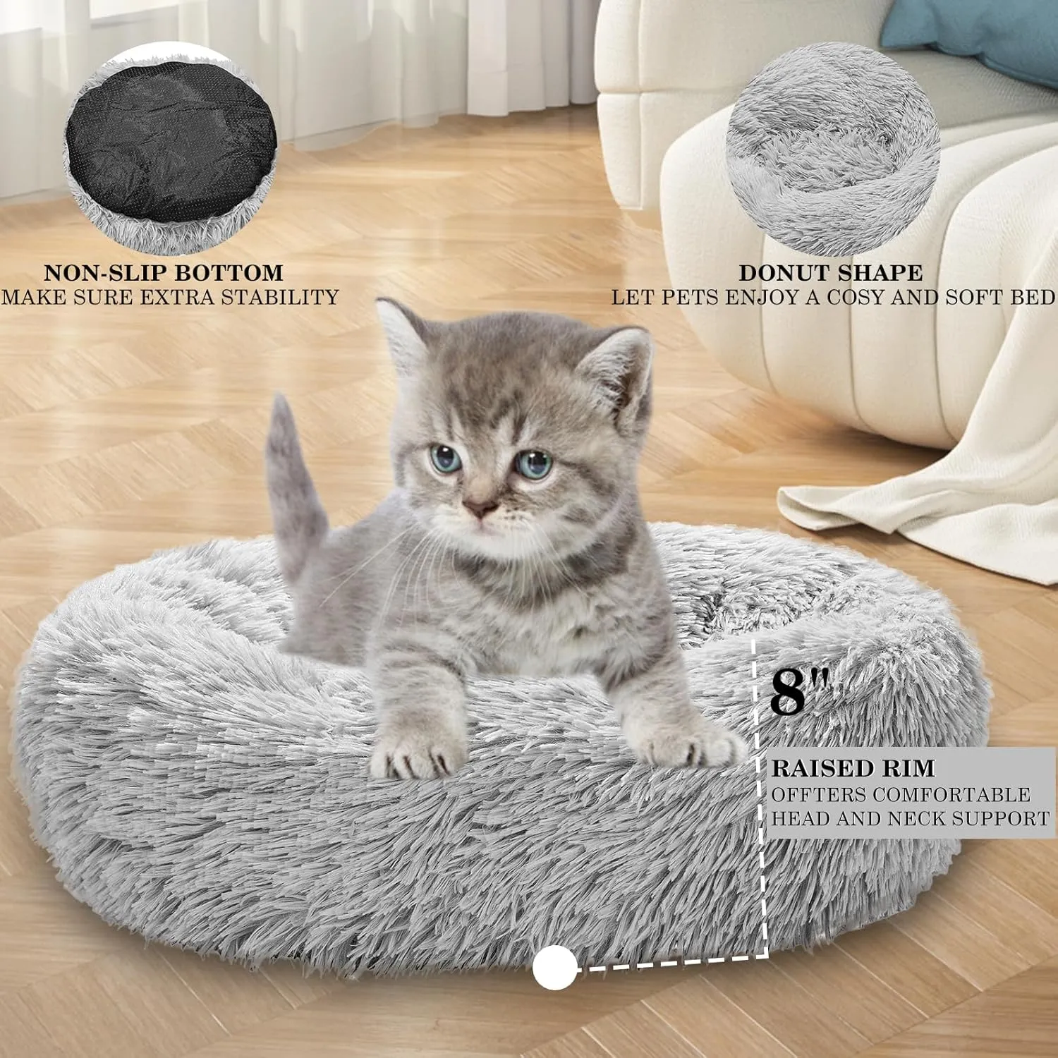 Calming Dog Bed for Small Melium Large Dogs Donut Washable Pet Bed for Puppy and Kitten Anti-Anxiety Donut Warming Cozy Soft Round Bed with Slip-Resistant Bottom (Grey, 24" L x 24" W x 8" Th)