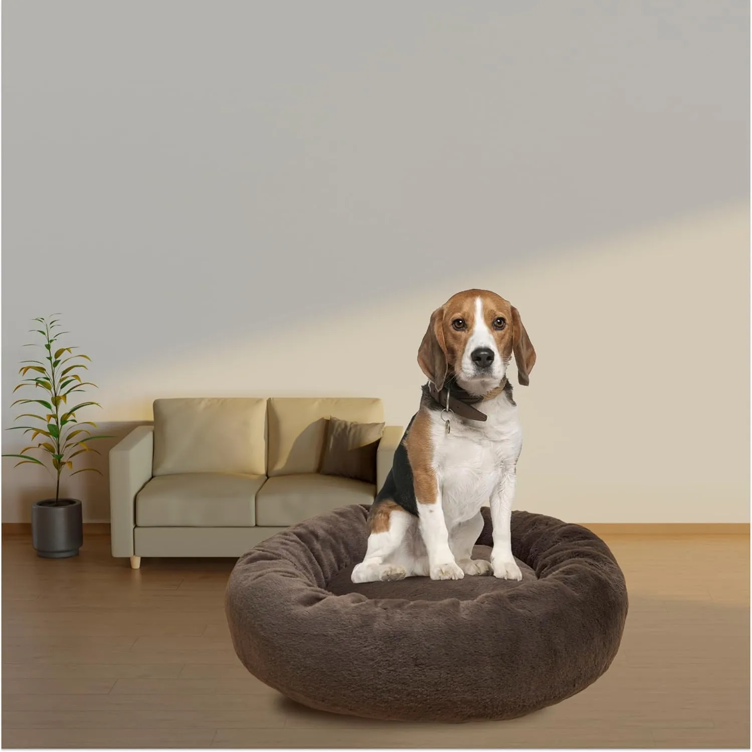 Calming Dog Bed  Plush Donut Bed for Small, Medium, Large Dogs & Cats, Anti-Anxiety Pet Bed with Anti-Slip Base, Washable Faux Fur, 4 Colors (Dark Grey, 36.0 L x 36.0 W x 9.0 TH)