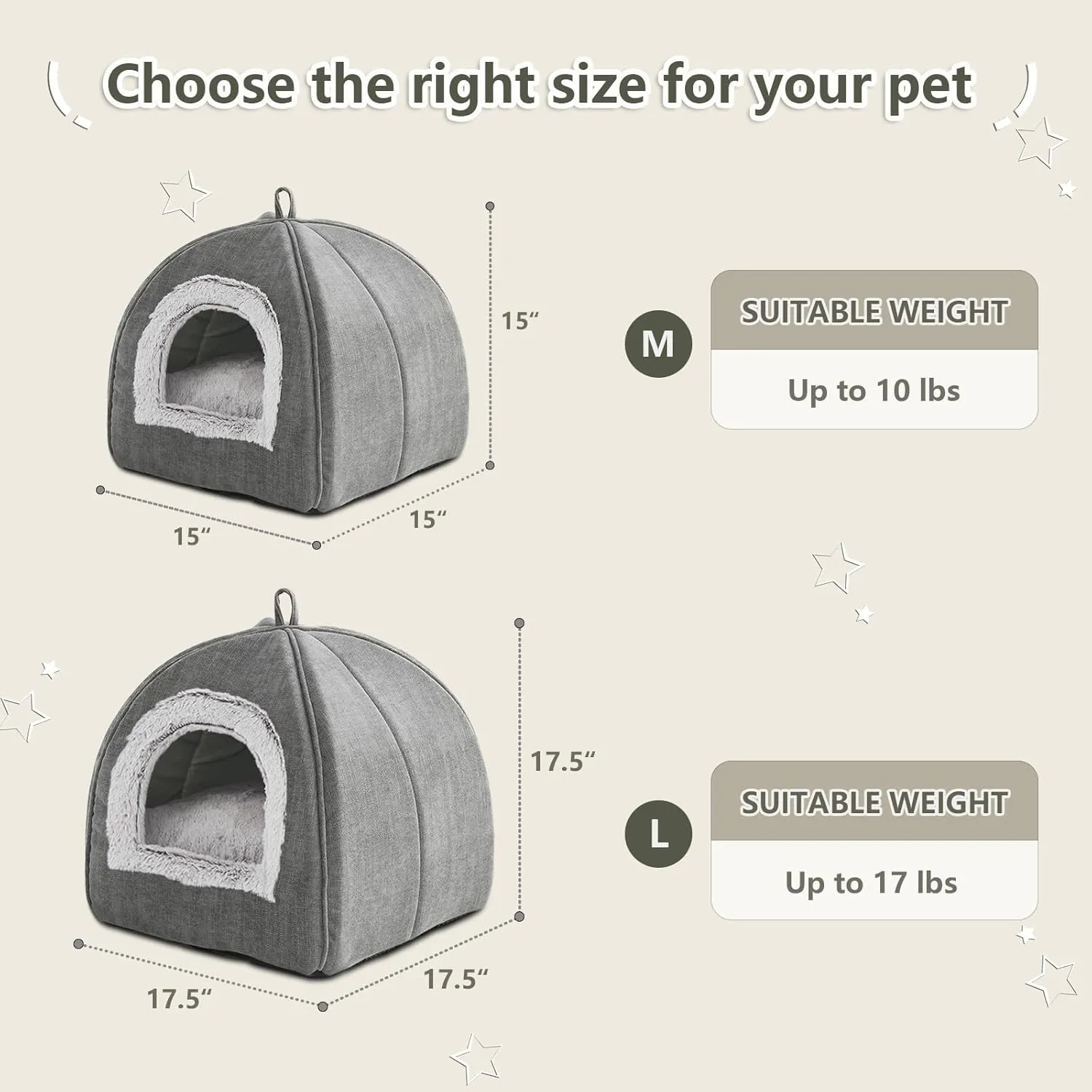 Cat Bed Cave-Cat Beds for Indoor Cats,Kittens and Small Pets,Soft and Warm Cats House Tent Bed,Foldable and Washable with Removable Cushioned and Anti Slip Bottom,Grey 15inches