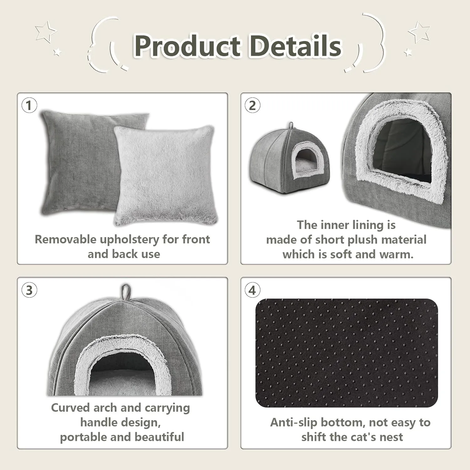 Cat Bed Cave-Cat Beds for Indoor Cats,Kittens and Small Pets,Soft and Warm Cats House Tent Bed,Foldable and Washable with Removable Cushioned and Anti Slip Bottom,Grey 15inches