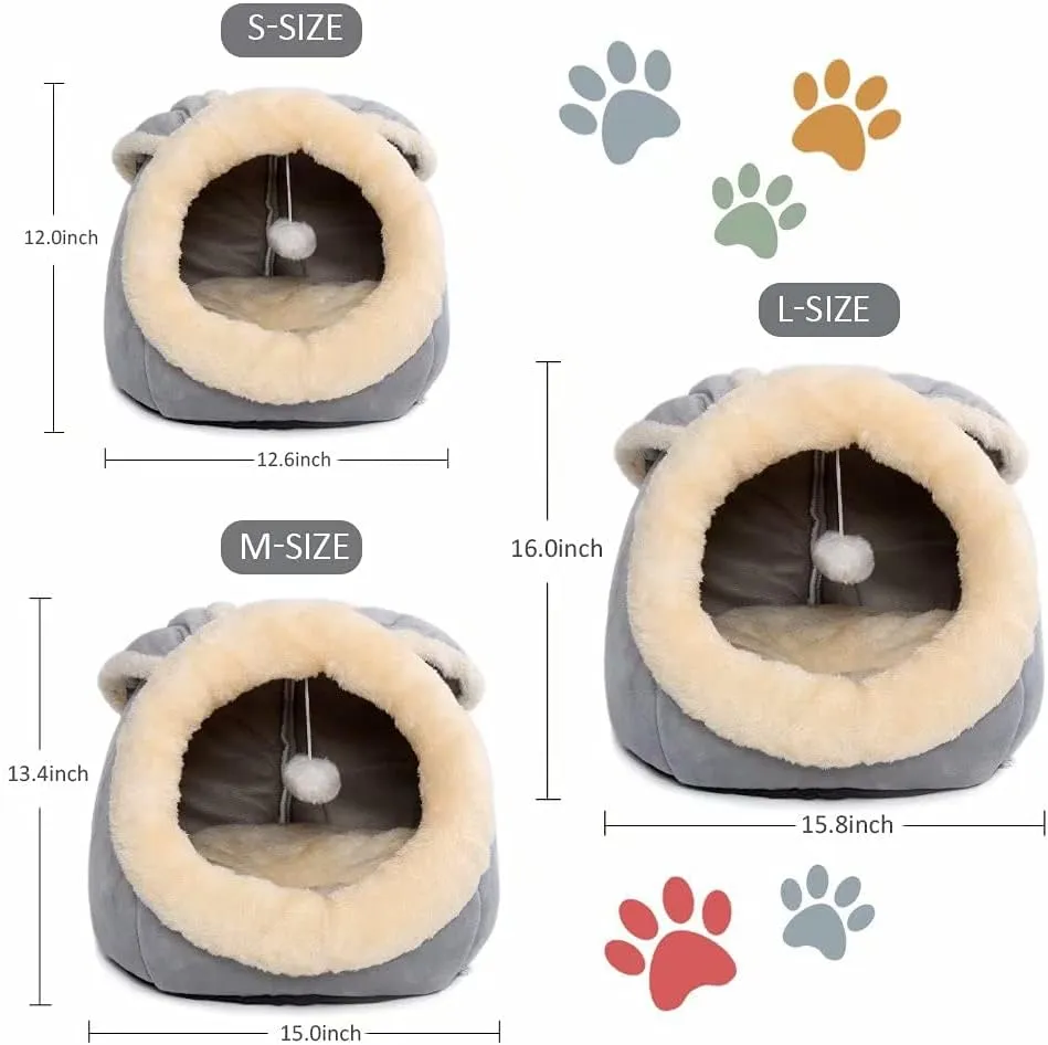 Cat Beds for Indoor Cats - Small Dog Bed with Anti-Slip Bottom, Rabbit-Shaped Cat/Small Dog Cave with Hanging Toy, Puppy Bed with Removable Cotton Pad, Super Soft Calming Pet Sofa Bed (Grey S)