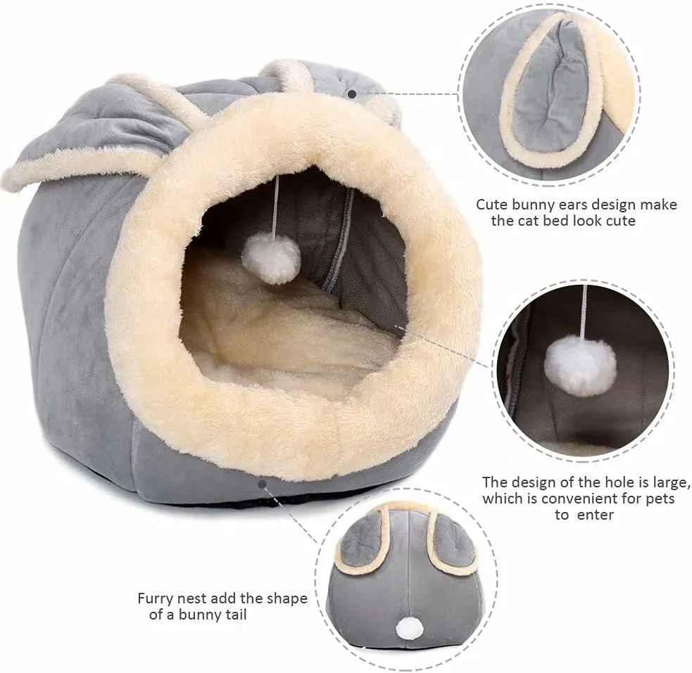 Cat Beds for Indoor Cats - Small Dog Bed with Anti-Slip Bottom, Rabbit-Shaped Cat/Small Dog Cave with Hanging Toy, Puppy Bed with Removable Cotton Pad, Super Soft Calming Pet Sofa Bed (Grey S)