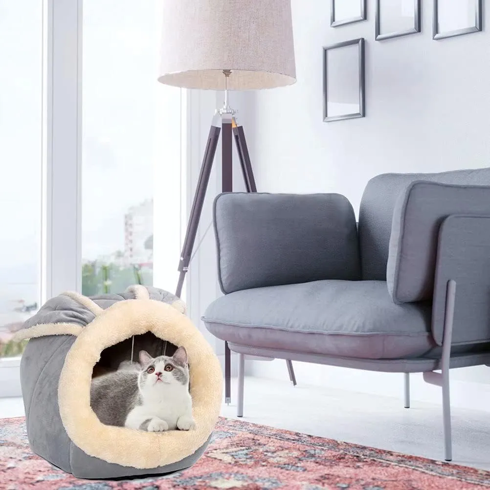 Cat Beds for Indoor Cats - Small Dog Bed with Anti-Slip Bottom, Rabbit-Shaped Cat/Small Dog Cave with Hanging Toy, Puppy Bed with Removable Cotton Pad, Super Soft Calming Pet Sofa Bed (Grey S)