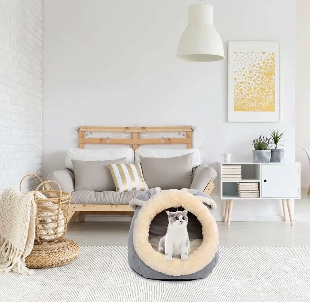 Cat Beds for Indoor Cats - Small Dog Bed with Anti-Slip Bottom, Rabbit-Shaped Cat/Small Dog Cave with Hanging Toy, Puppy Bed with Removable Cotton Pad, Super Soft Calming Pet Sofa Bed (Grey S)