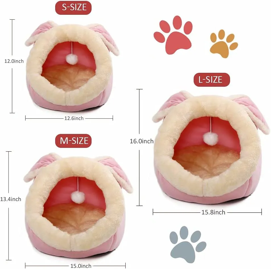 Cat Beds for Indoor Cats - Small Dog Bed with Anti-Slip Bottom, Rabbit-Shaped Cat/Small Dog Cave with Hanging Toy, Puppy Bed with Removable Cotton Pad, Super Soft Calming Pet Sofa Bed (Pink Large)