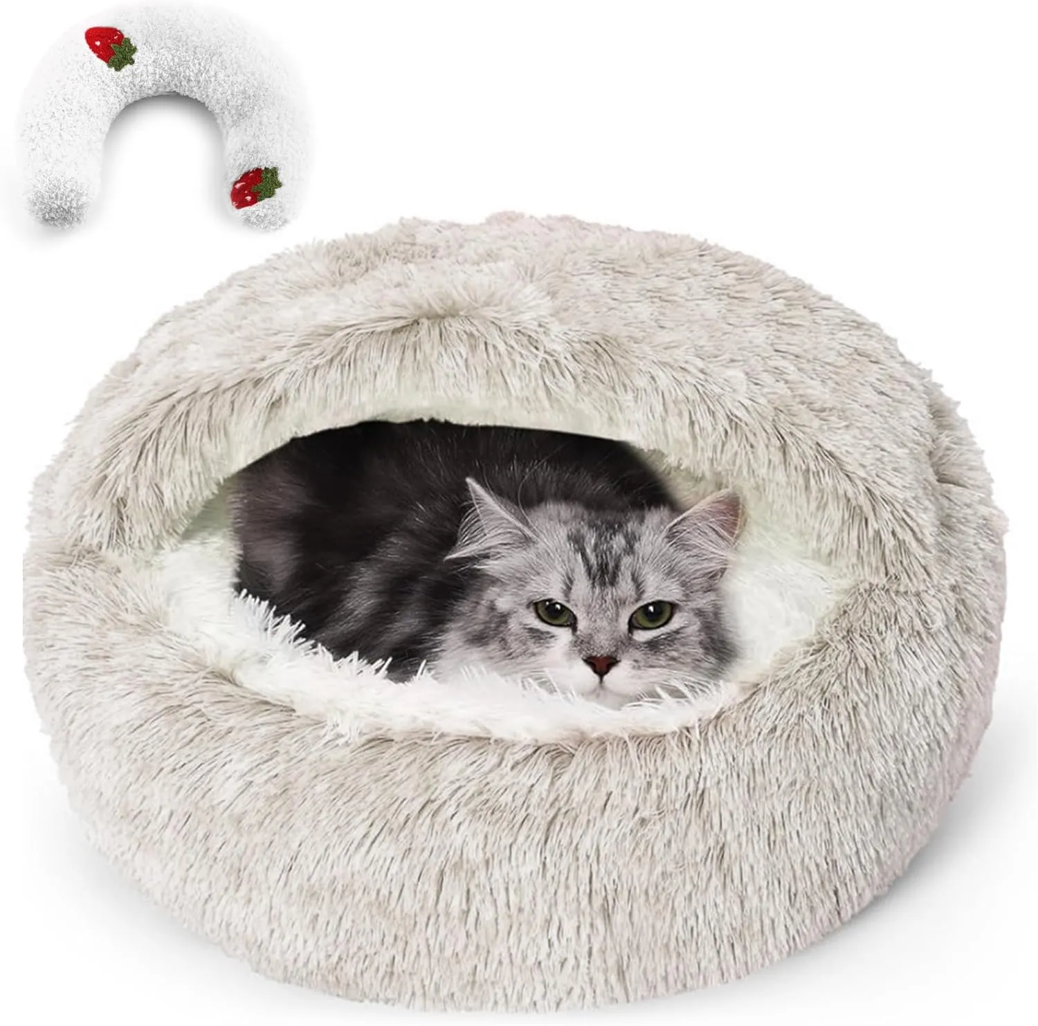 Cat Cave Bed, Fluffy Calming Pet Bed with Pet Calming Pillow for Cats and Small Dogs, Round Hooded Bed for Indoor Cats and Small Dogs, Pet Sleeping Set 26x26 Inch(Coffee)