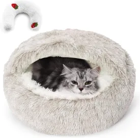 Cat Cave Bed, Fluffy Calming Pet Bed with Pet Calming Pillow for Cats and Small Dogs, Round Hooded Bed for Indoor Cats and Small Dogs, Pet Sleeping Set 26x26 Inch(Coffee)