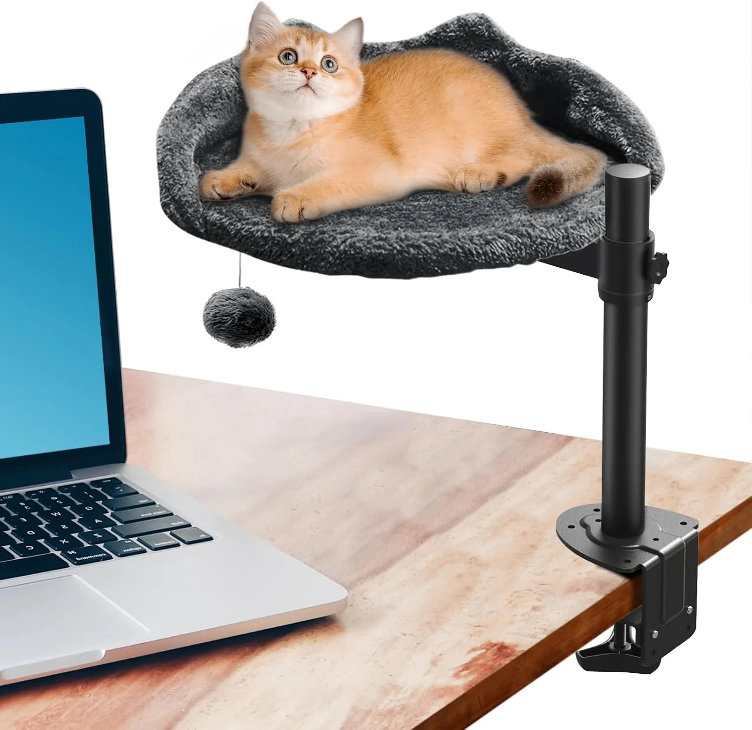 Cat Desk Bed with Adjustable Steel Frame - Faux Fur Fabric Elevated Bed for Indoor - Multi-Functional Pet Cats Mount,Furniture,Perch,Shelf,Raised,Stand-Supports up to 40lbs
