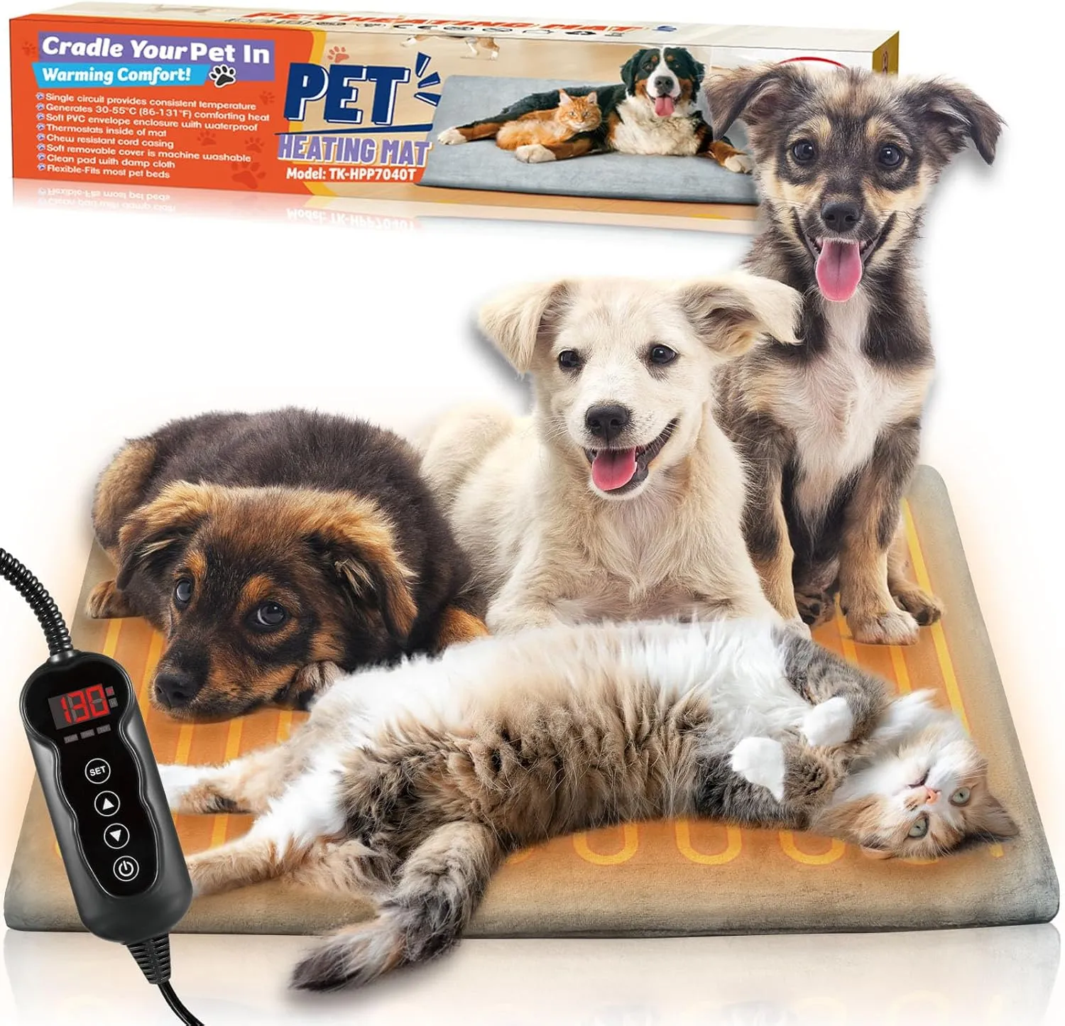 Cat Dog Heating Pad, 11 Adjustable Temperature Pet Heated Mat 28x16in with 24h-Timer, Waterproof, Chew Resistant Cord, Indoor Outdoor Electric Pads for Dogs