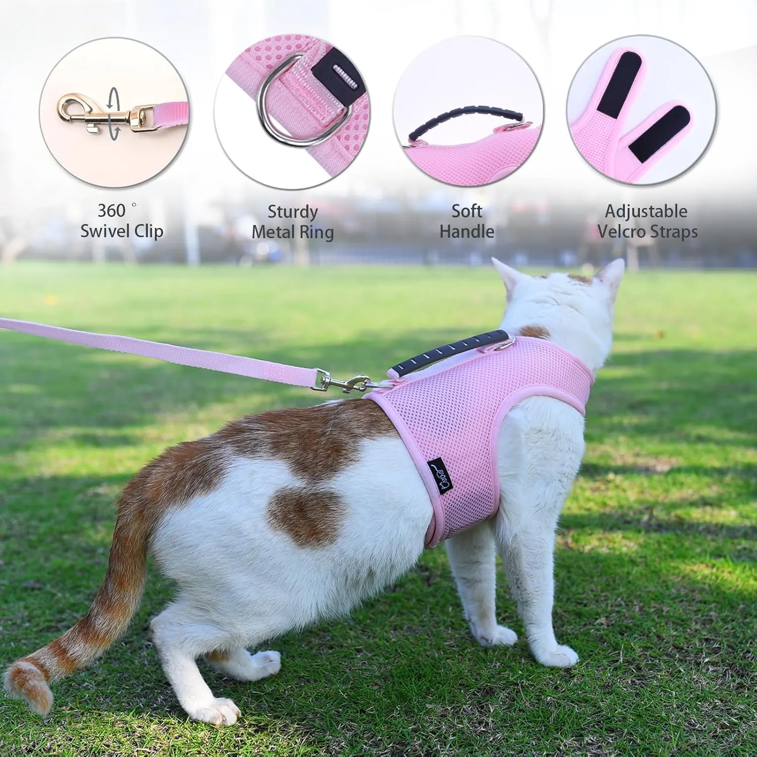 Cat Harness and Leash for Walking Escape Proof Breathable Mesh Fabric, Solid Pink, Large, Adjustable Cat Walking Jackets with Handle, Padded Stylish Cat Vest