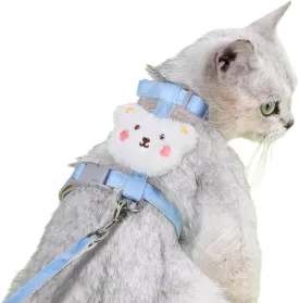 Cat Harness and Leash Set for Outdoor Travel Walking Escape Proof Soft Safe Lightweight Adjustable Kitten Puppy Small Strap Cute White Bear (Blue, S)