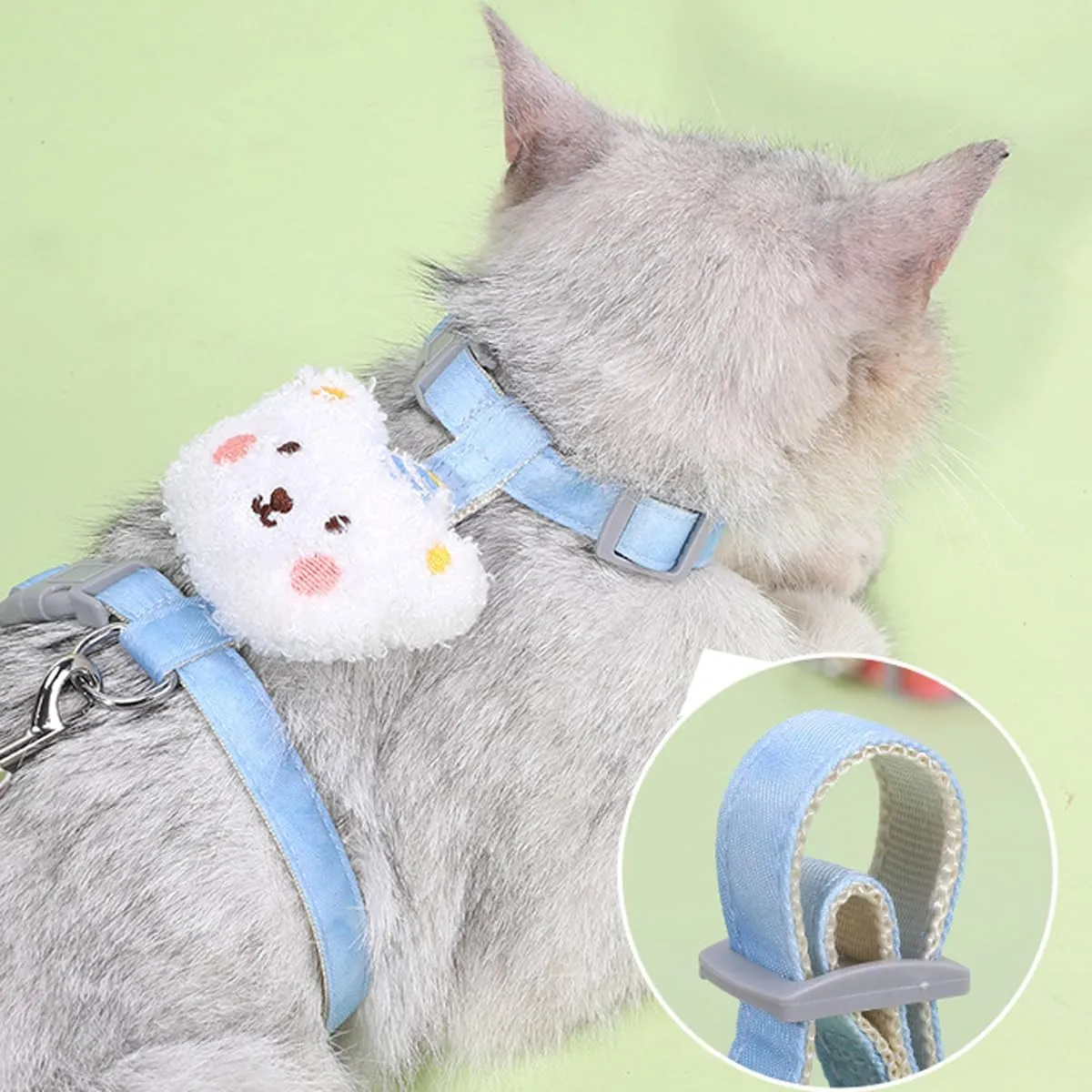 Cat Harness and Leash Set for Outdoor Travel Walking Escape Proof Soft Safe Lightweight Adjustable Kitten Puppy Small Strap Cute White Bear (Blue, S)