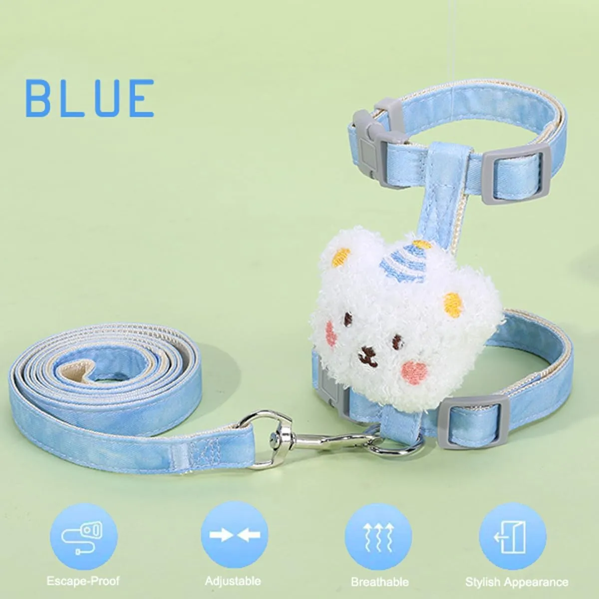 Cat Harness and Leash Set for Outdoor Travel Walking Escape Proof Soft Safe Lightweight Adjustable Kitten Puppy Small Strap Cute White Bear (Blue, S)