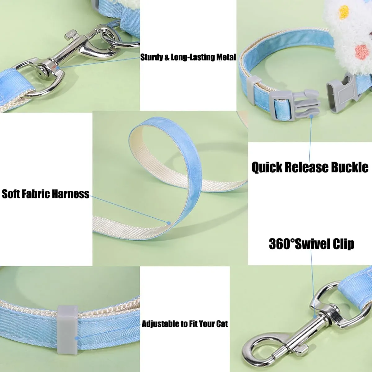 Cat Harness and Leash Set for Outdoor Travel Walking Escape Proof Soft Safe Lightweight Adjustable Kitten Puppy Small Strap Cute White Bear (Blue, S)